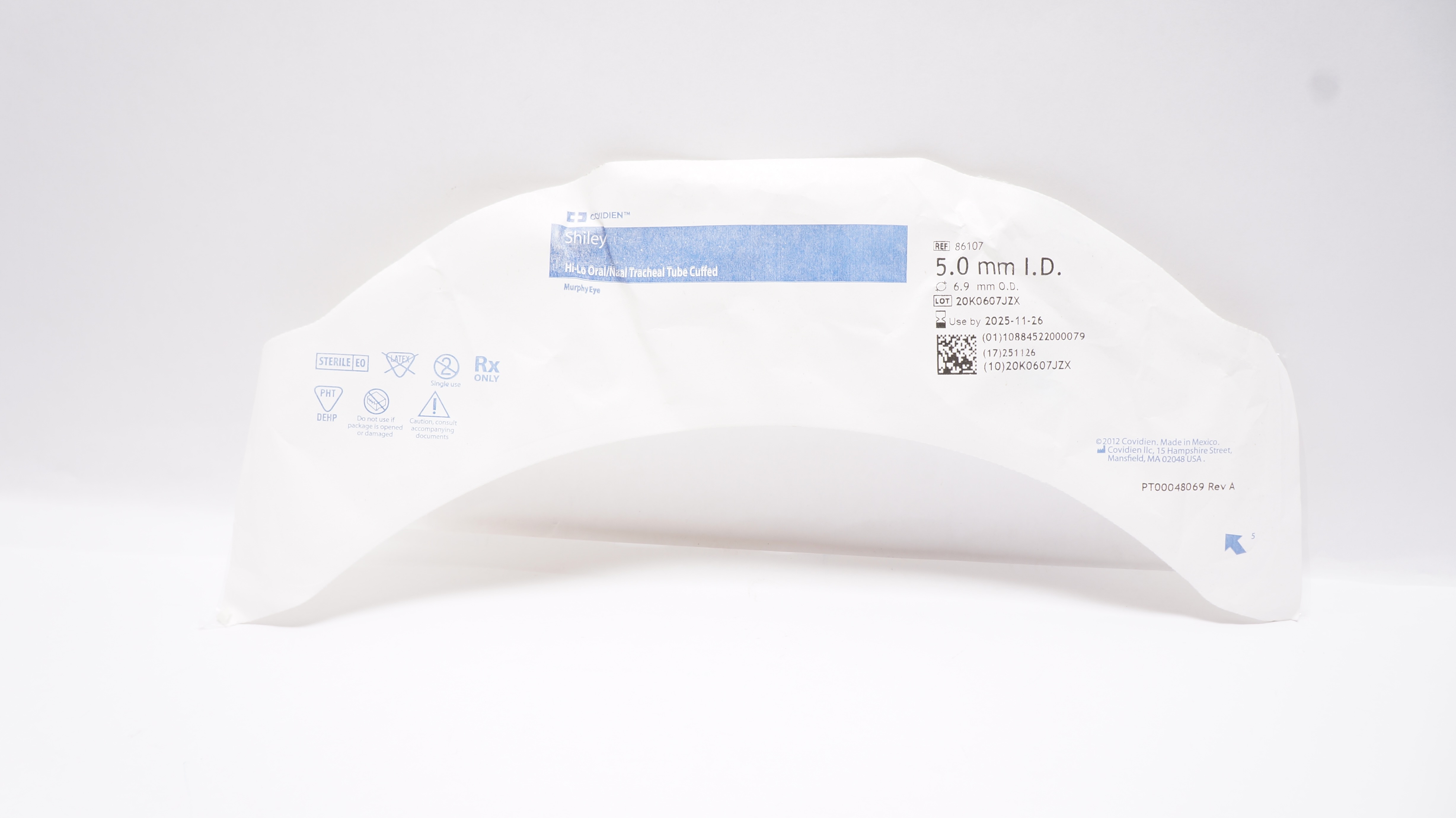 Covidien 86107 Shiley Hi-Lo Oral/Nasal Tracheal Tube Cuffed 5.0 ID x 6.9mm OD