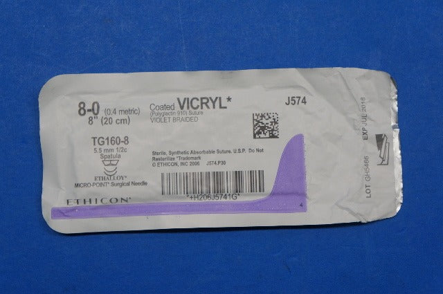 Ethicon J574 8-0 VICRYL, TG160-8 5.5mm 1/2c Spatula, Violet Braided, 8