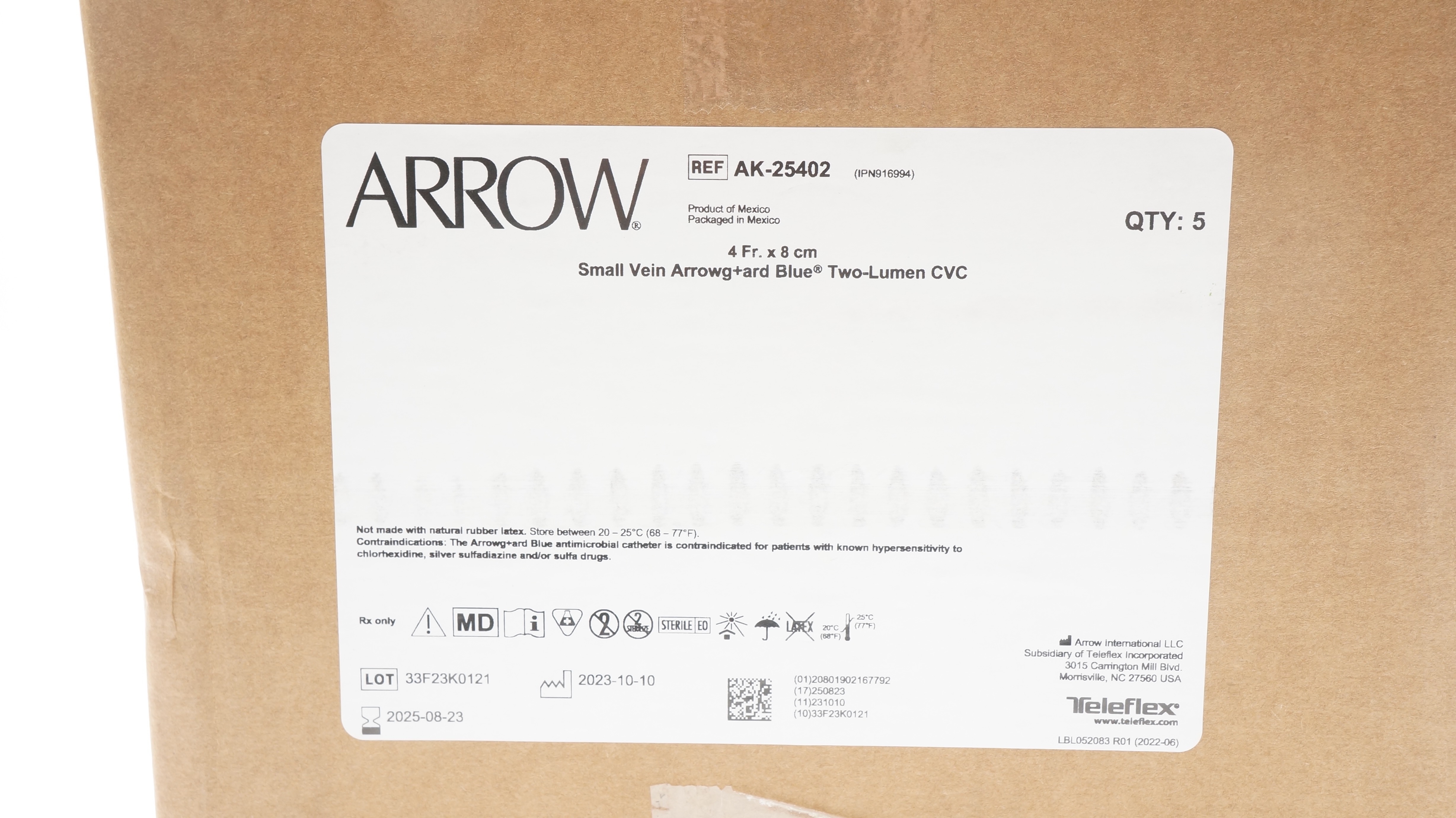 Arrow AK-25402 Small Vein Arrowg+ard Blue Two-Lumen CVC 4Fr x 8cm - Case of 5