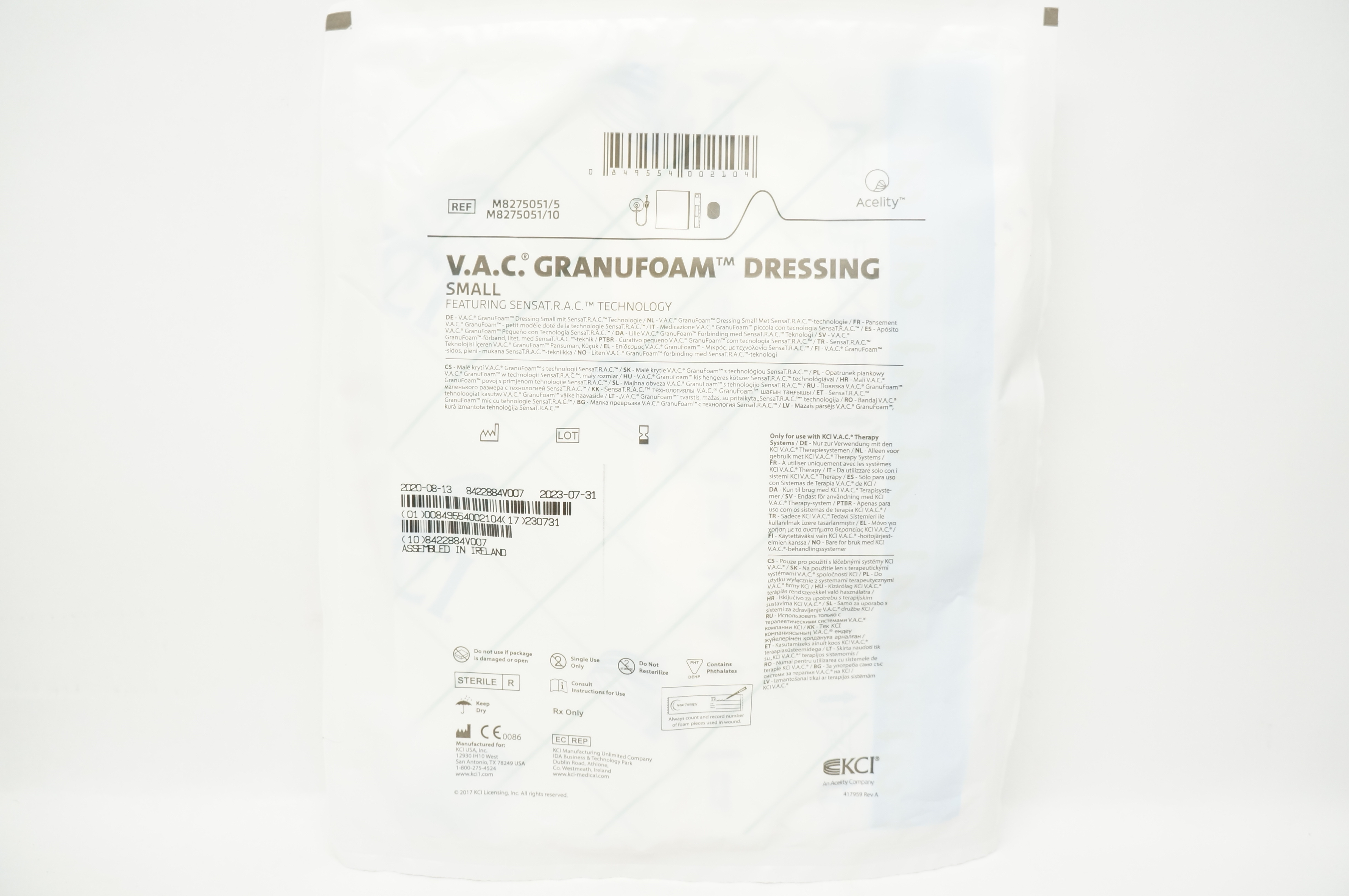 KCI M8275051/5 V.A.C. Granufoam Dressing Featuring SENSAT.R.A.C. Technology S