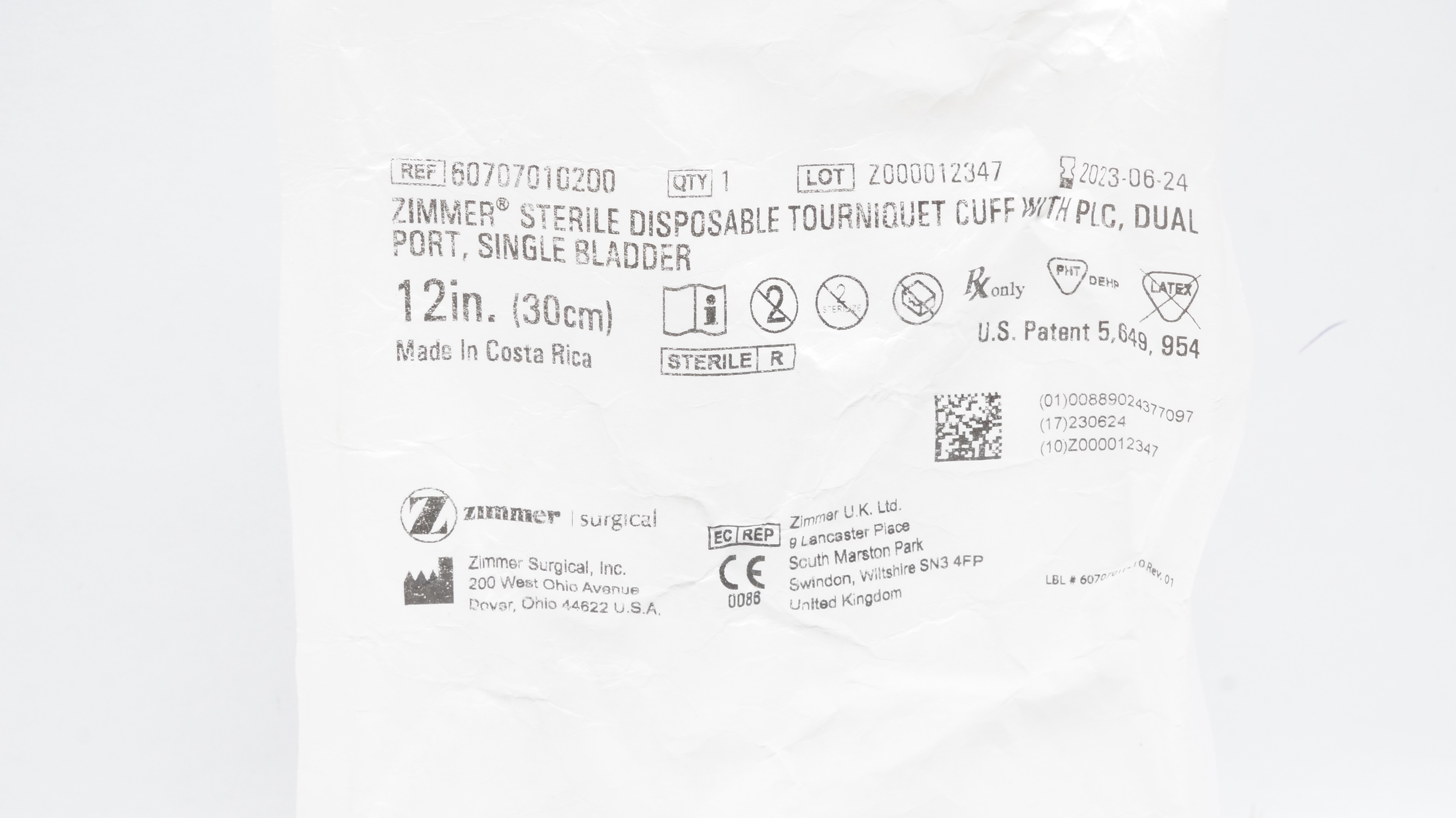 Zimmer 60707010200 Sterile Disposable Tourniquet Cuff, 12inch (x)