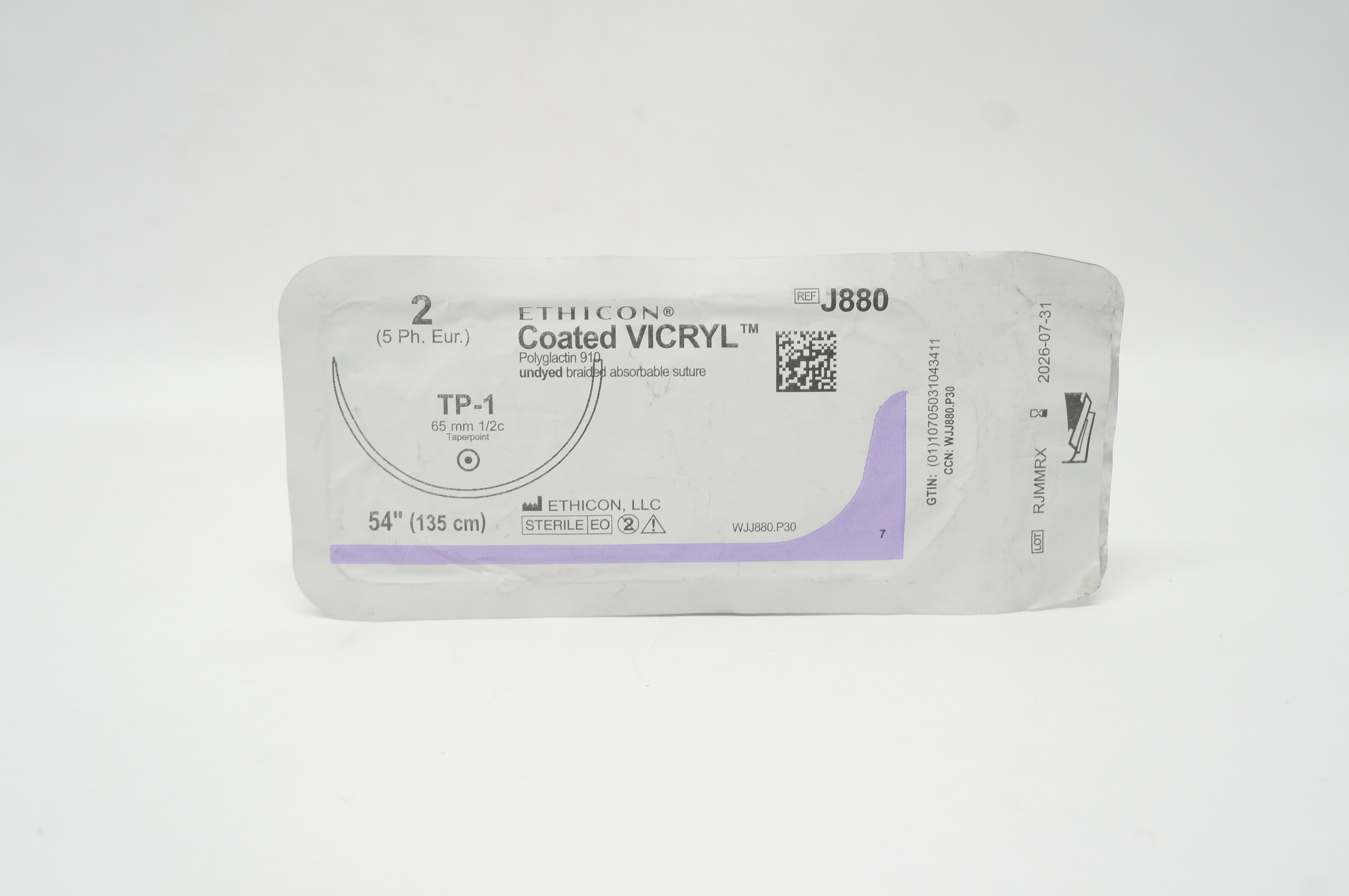Ethicon J880 Coated Vicryl Undyed Braided TP-1 65mm 1/2c Taper, 54 inch