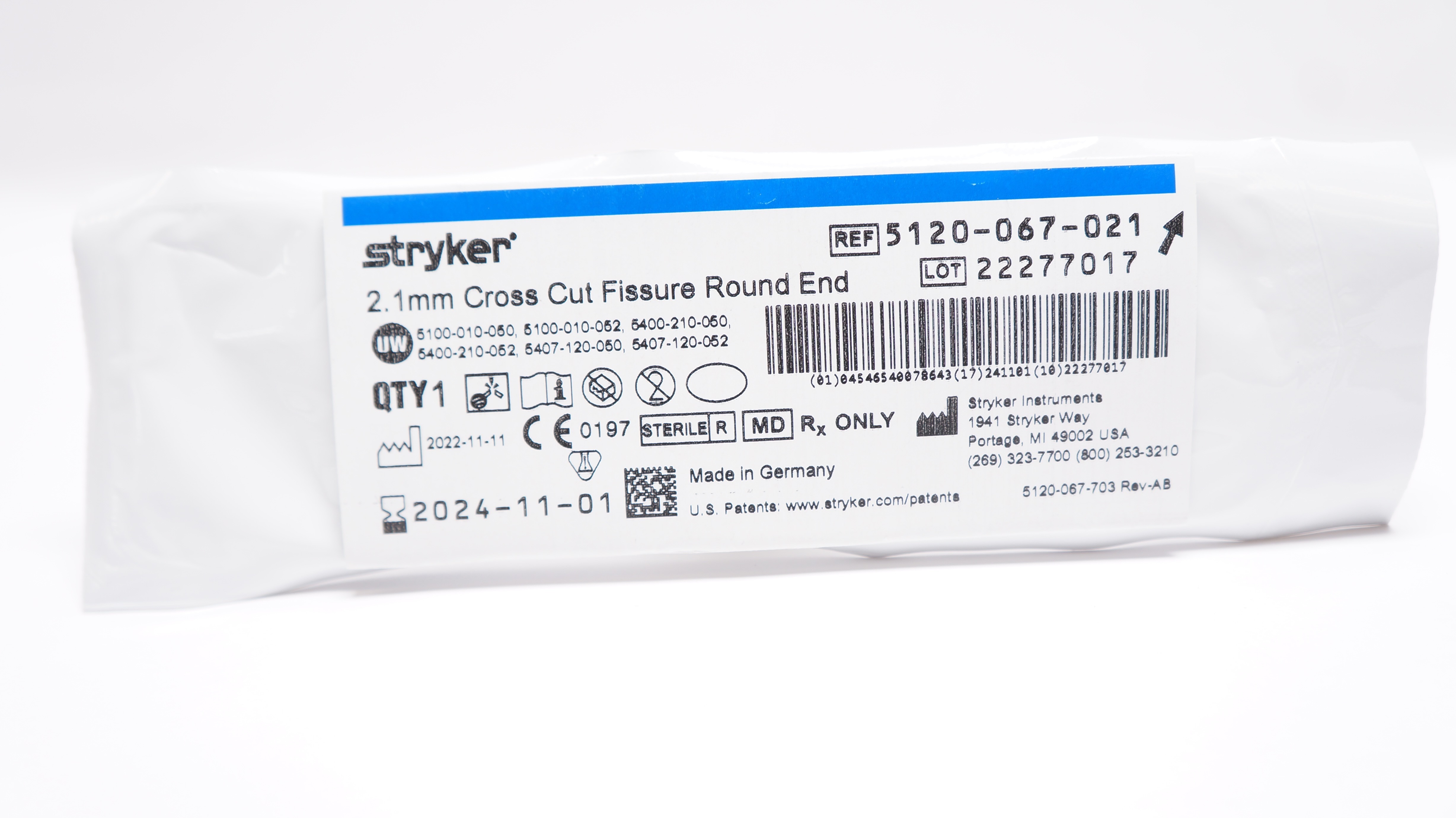 Stryker 5120-067-021 Cross-Cut Fissure Round End Bur, 2.1mm
