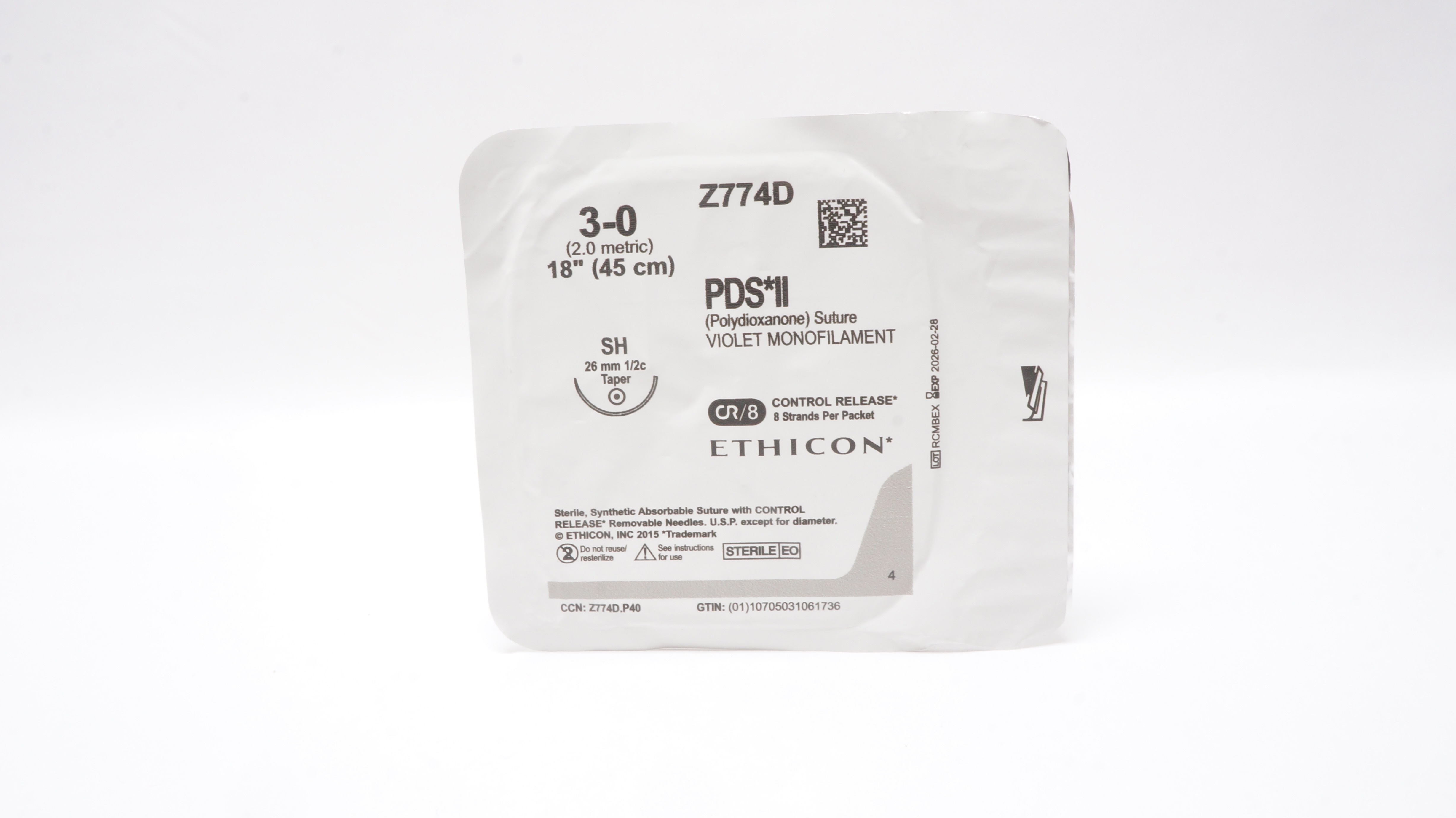 Ethicon Z774D 3-0 PDS II Stre Violet Monofilament SH 26mm 1/2c Taper, 18inch