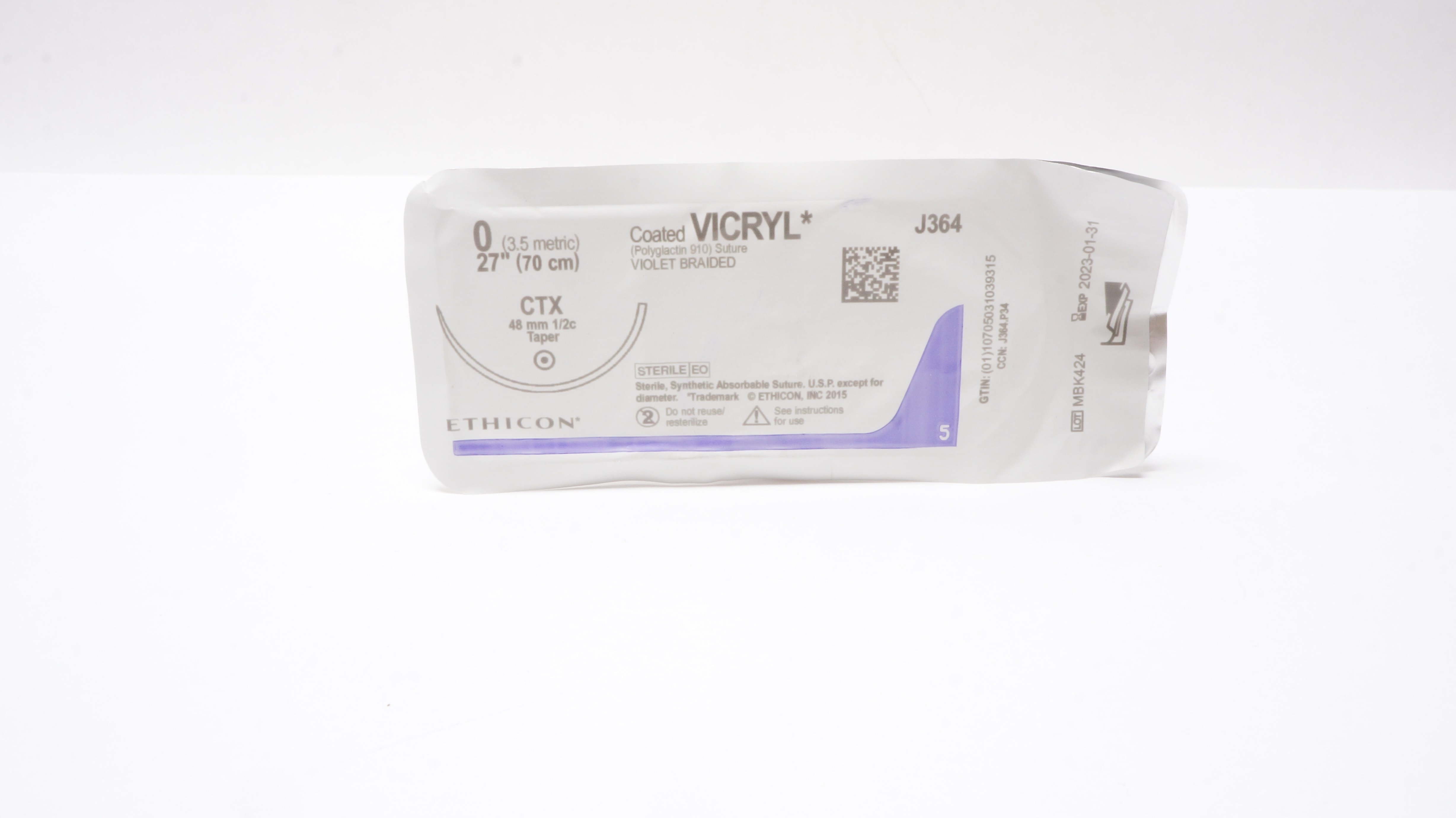 Ethicon J364 0 Coated Vicryl Violet 27inch Stre., CTX 48mm 1/2c Taper Ndle.(x)