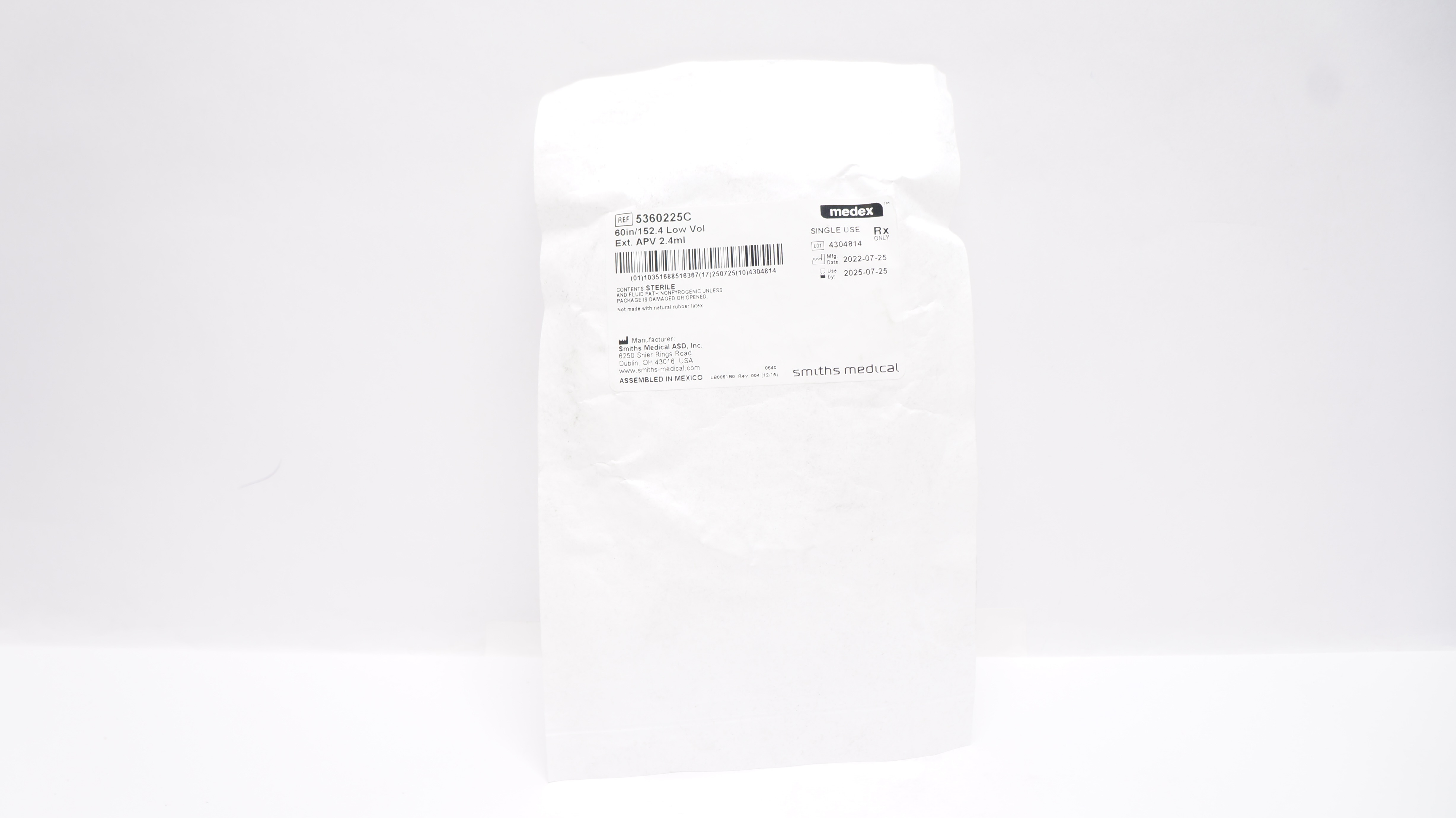 Smiths Medical 5360225C Medex Extension Set Low-Vol 60 inch Tubing 2.4 mL
