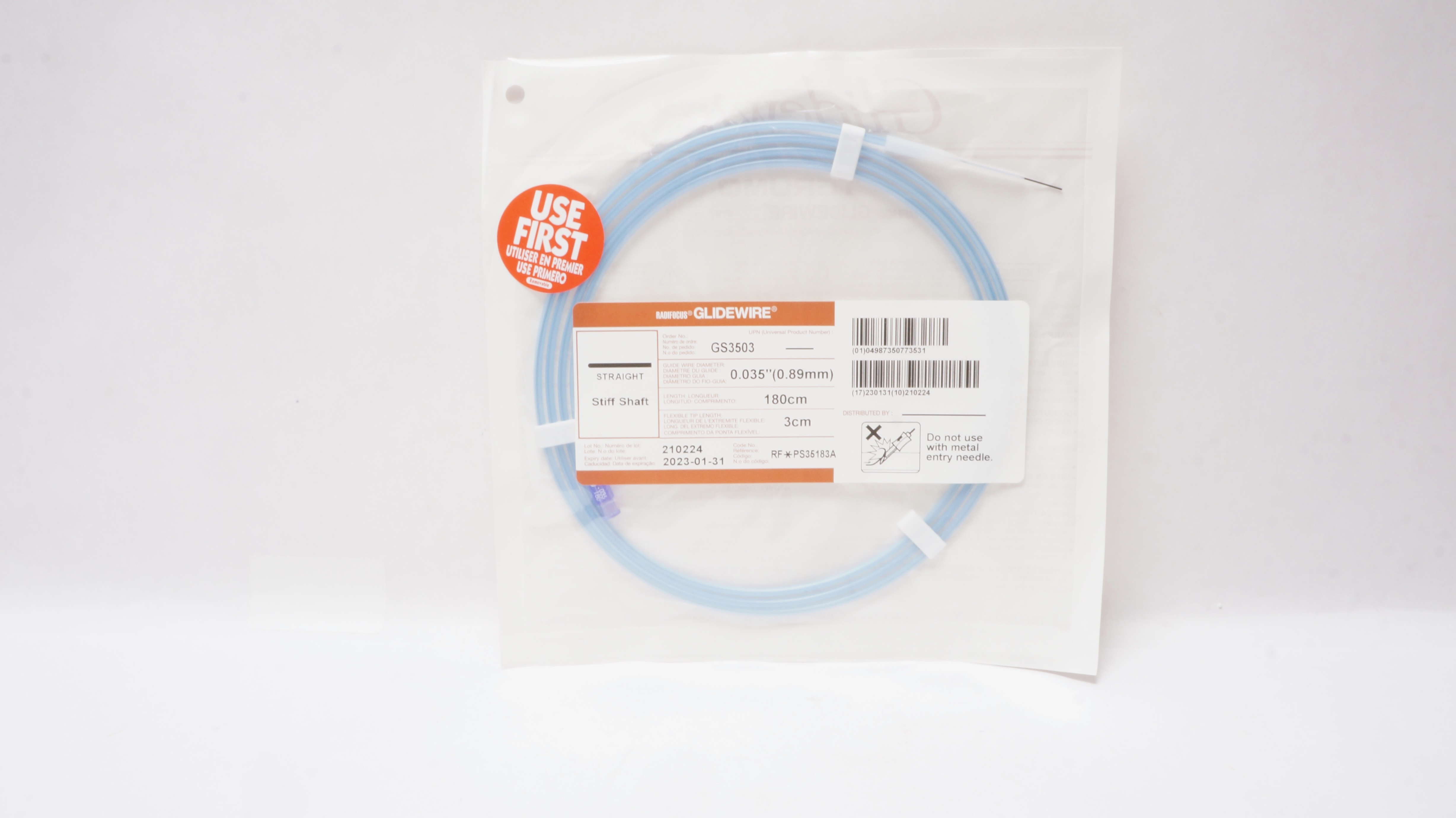 Terumo GS3503 Radiofocus Glidewire Straight Stiff Shaft 0.035in x 180cm x 3cm(x)