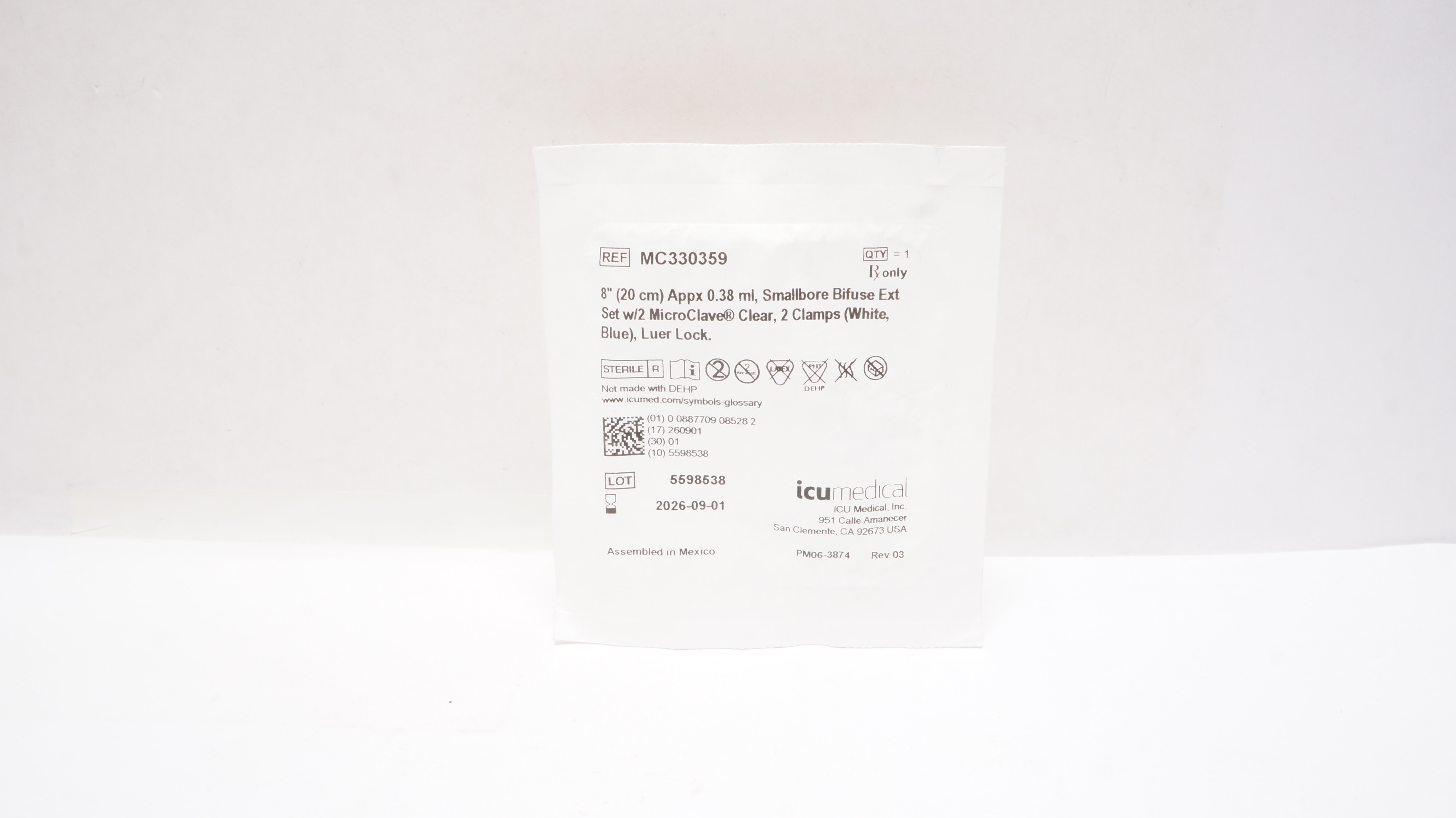 ICU Medical MC330359 Appx 0.38mL, Smallbore Bifuse Extension Set 8inch