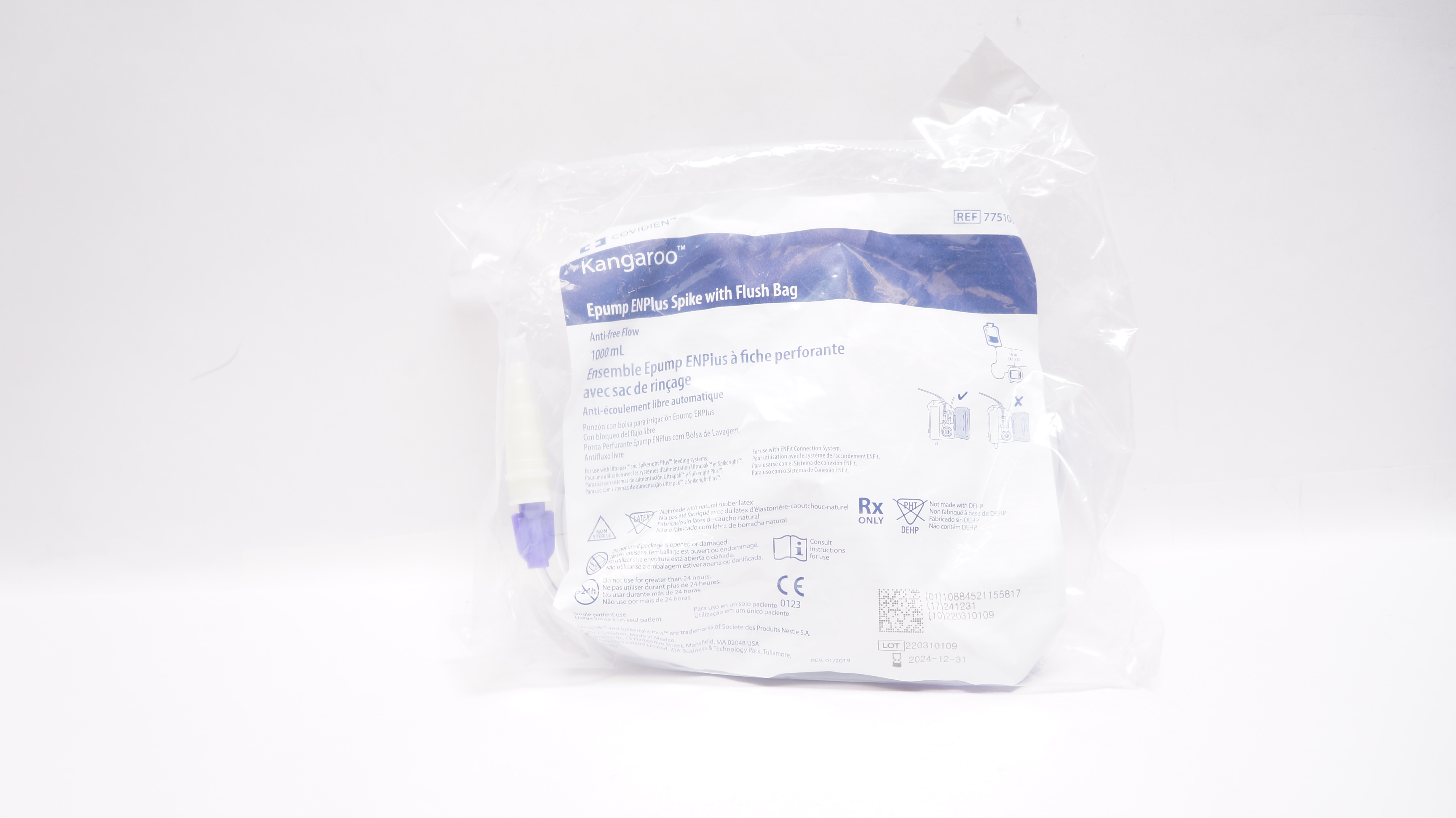 Covidien 775100 Kangaroo Epump ENPlus Spike with Flush Bag Anti-free Flow 1000mL