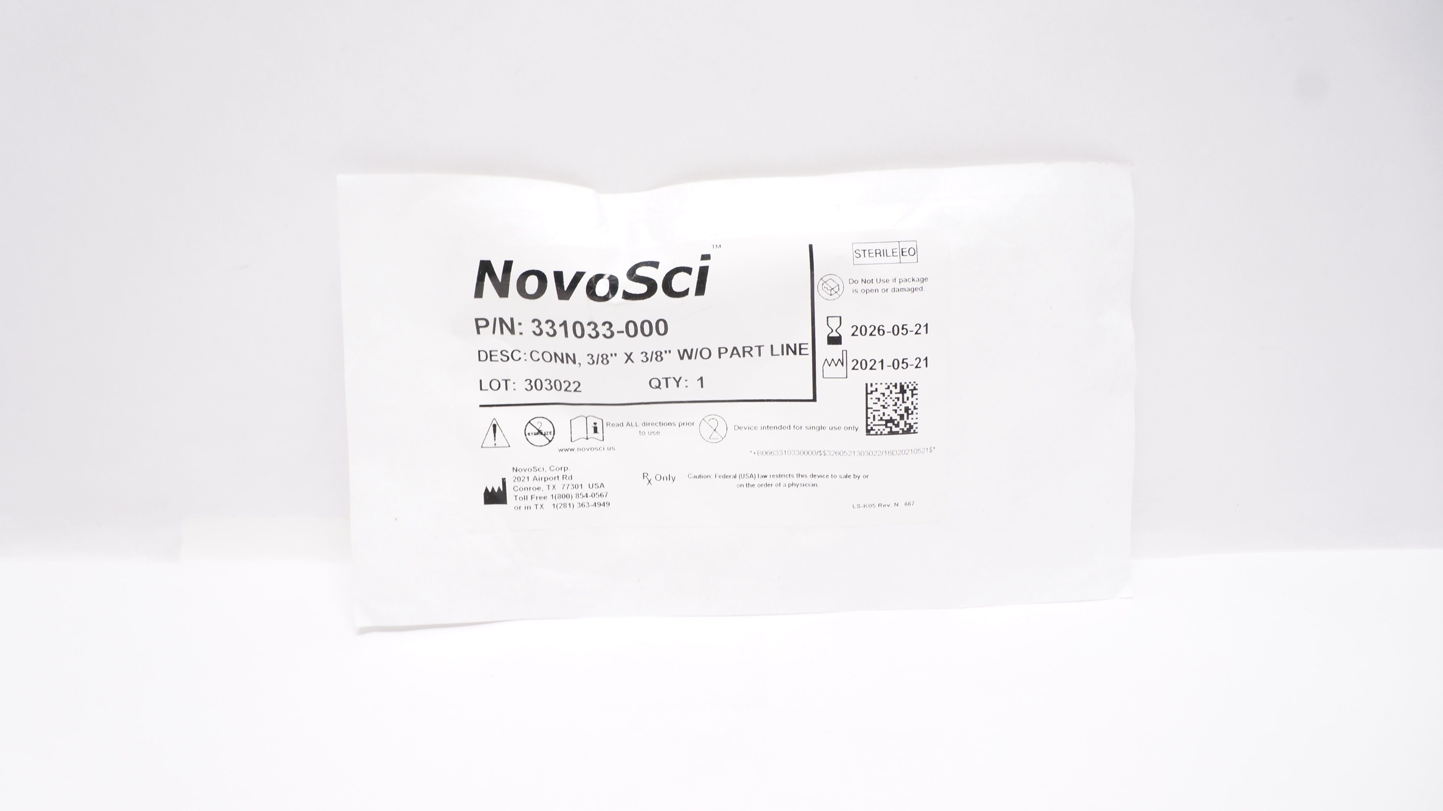 NovoSci 331033-000 Connector w/o Part Line, 3/8inch x 3/8inch
