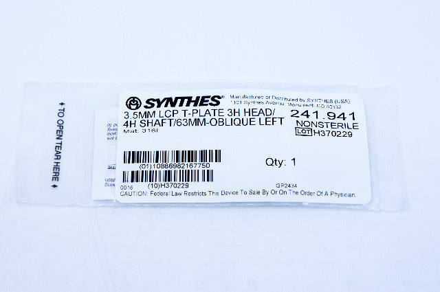 Synthes 241.941 3.5mm LCP T-Plate: 3H Head / 4H Shaft / 63mm / Oblique Left