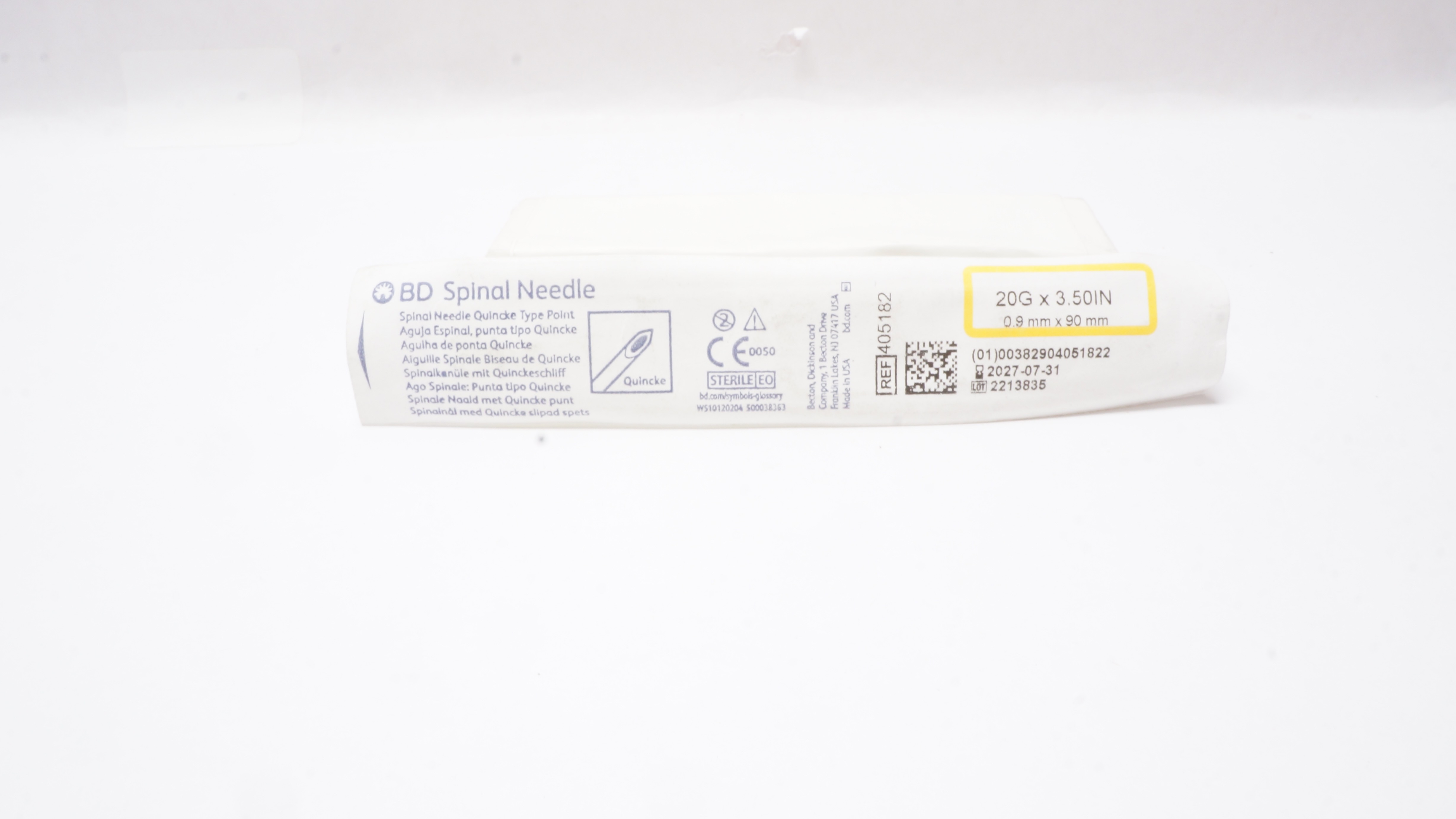 BD 405182 Becton Spinal Ndle. Quincke Type Point, 20G x 3.50inch