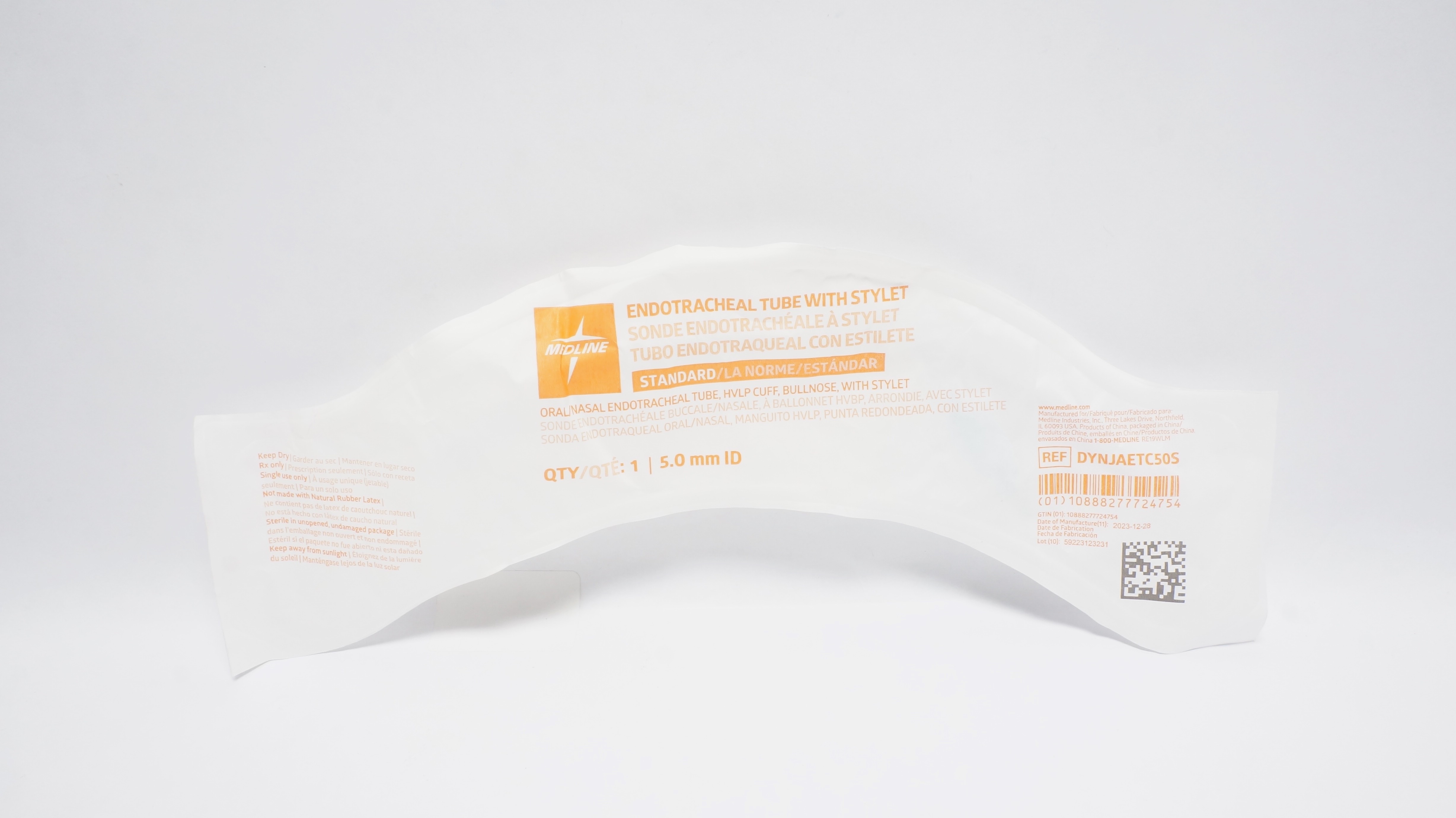 Medline DYNJAETC50S Cuffed Endotracheal Tube 5.0 mm ID w/ Stylet