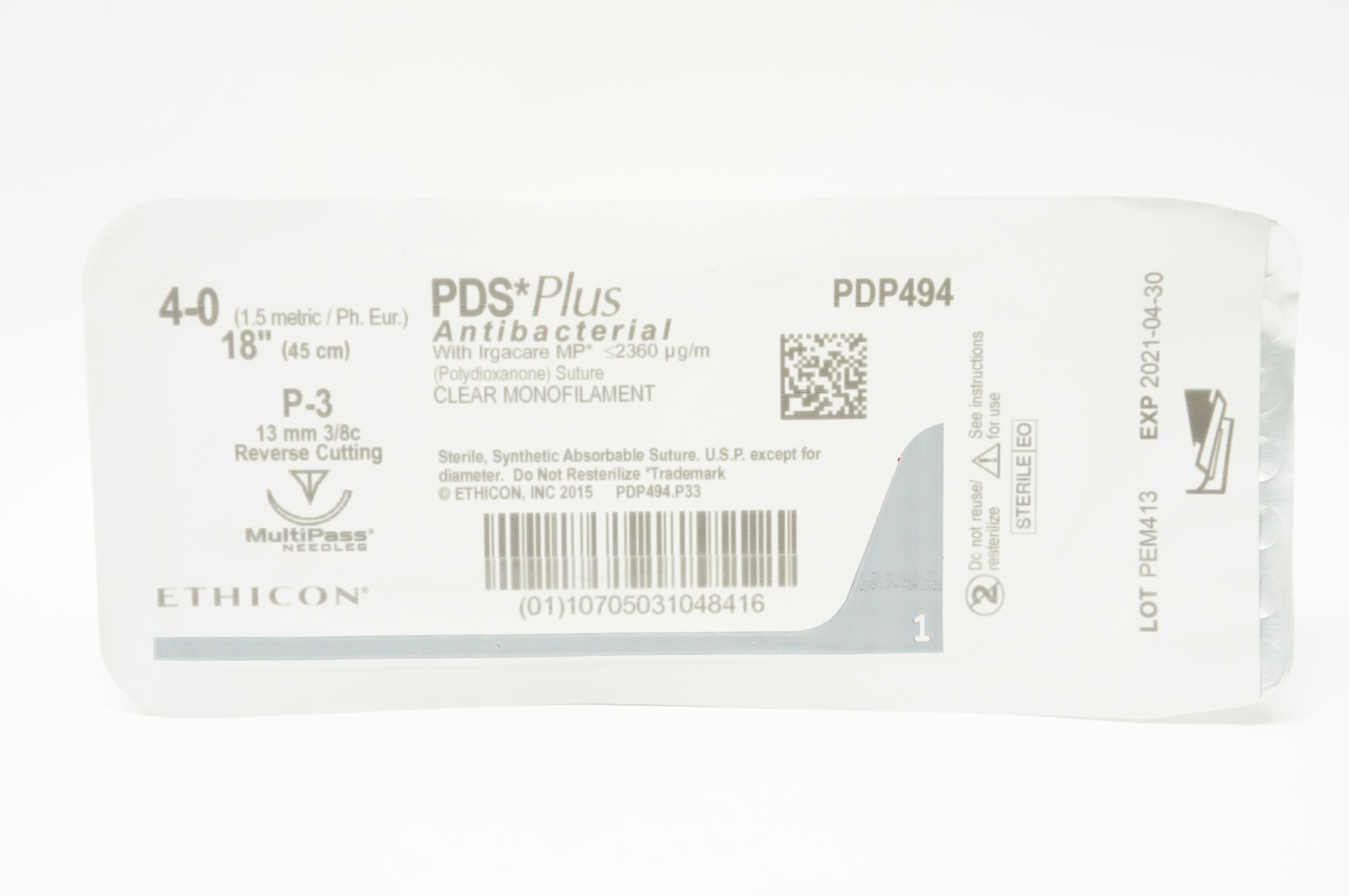 Ethicon PDP494 4-0 PDS Plus P-3 13mm 3/8c Reverse Cutting 18inch (x)
