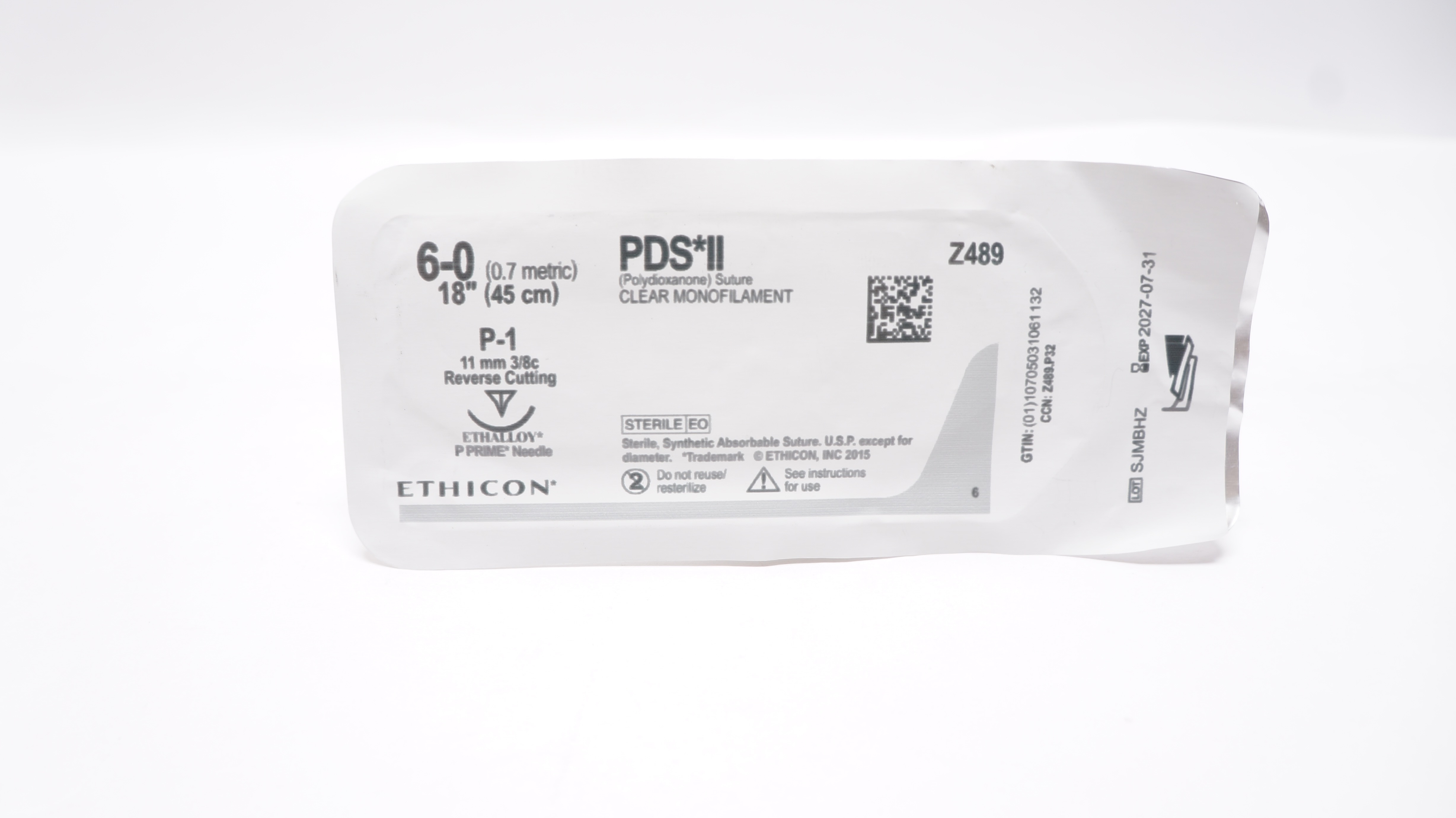 Ethicon Z489 6-0 PDS II Polydioxanone Stre P-1 11mm 3/8c Reverse Cutting 18inch