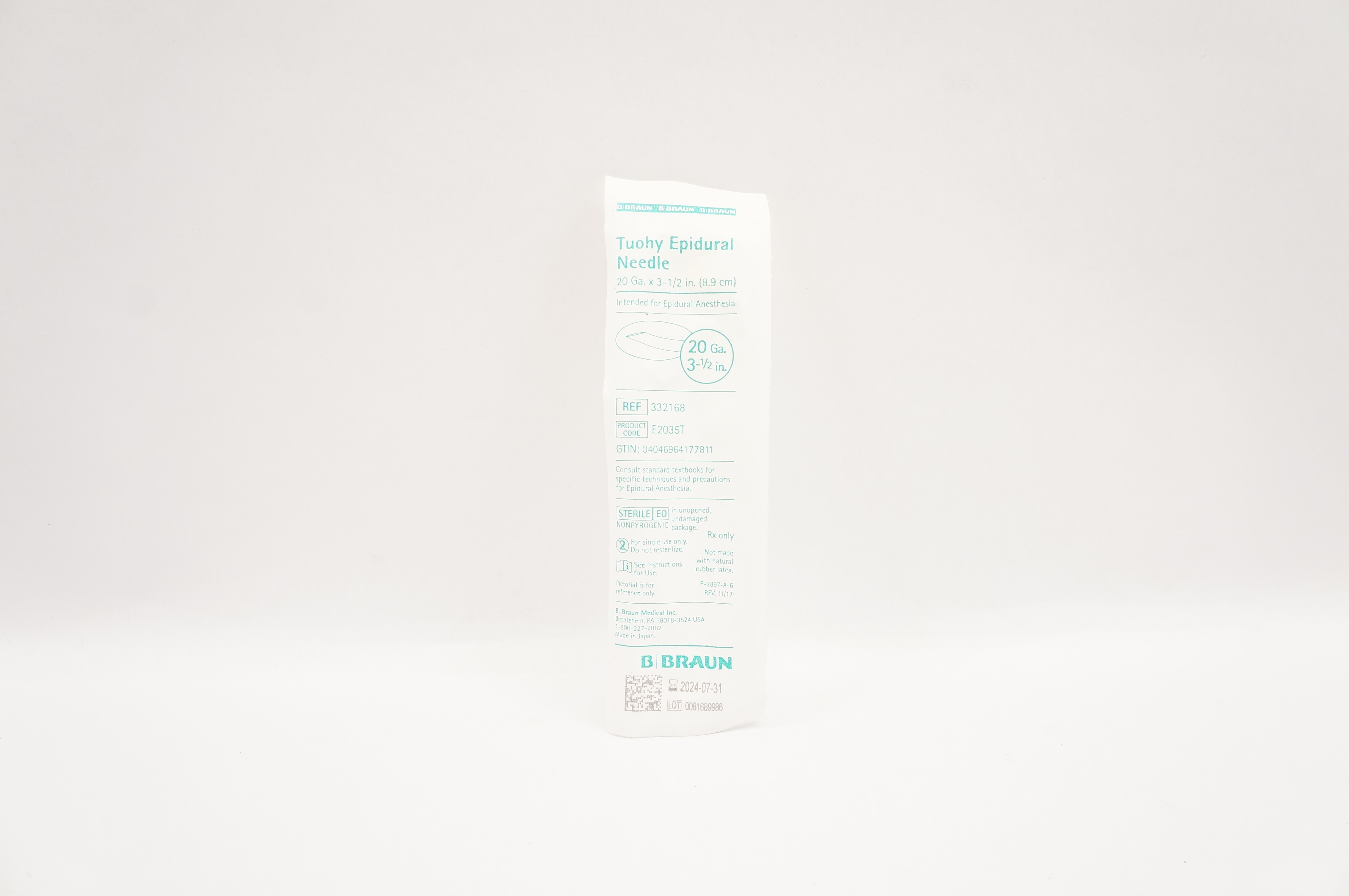 B.Braun 332168 Epidural Ndle Perifix Tuohy Style 20Ga x 3-1/2In