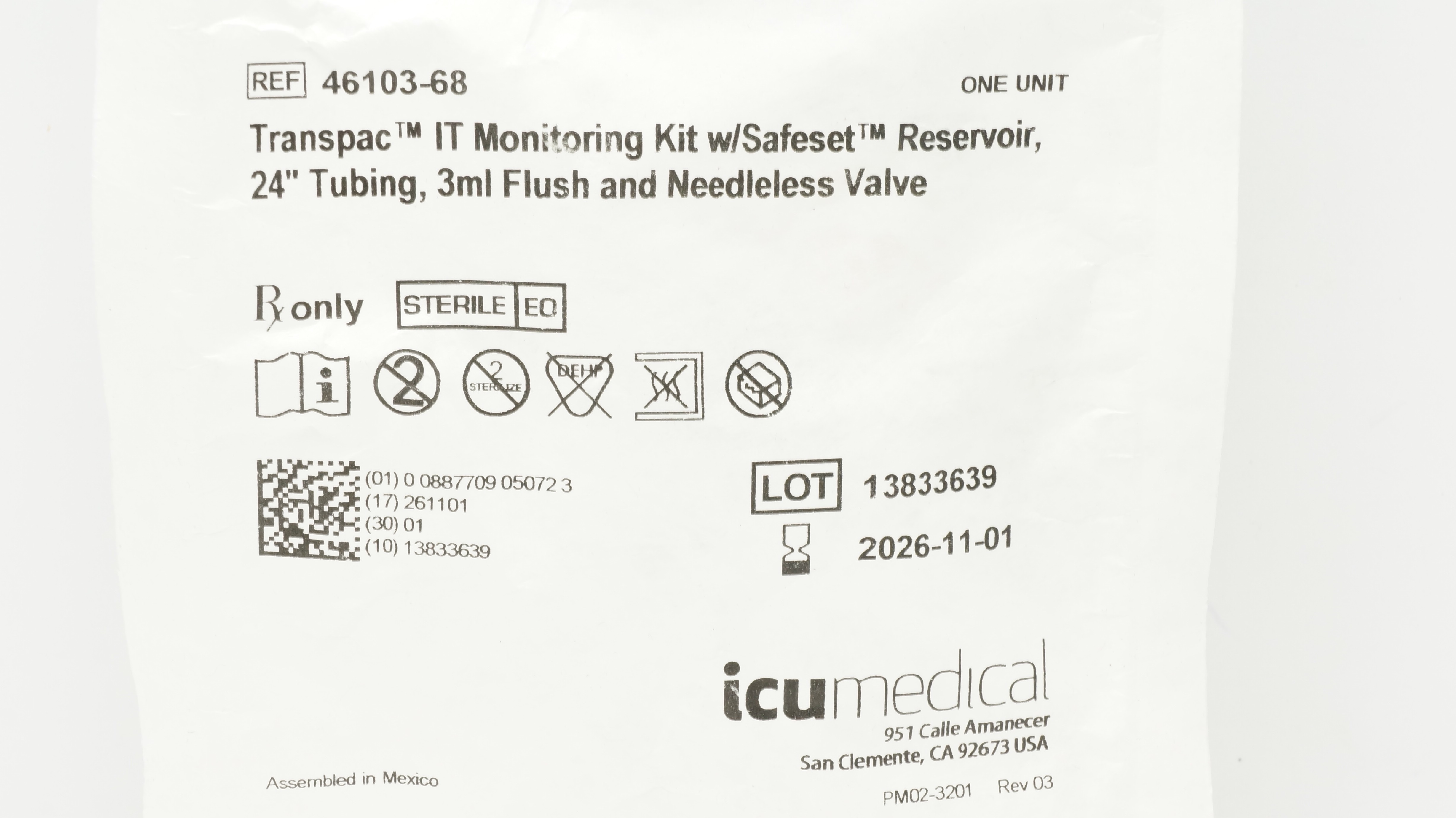 ICU Medical 46103-68 Transpac IT Monitoring Kit w/Reservoir 24inch Tubing