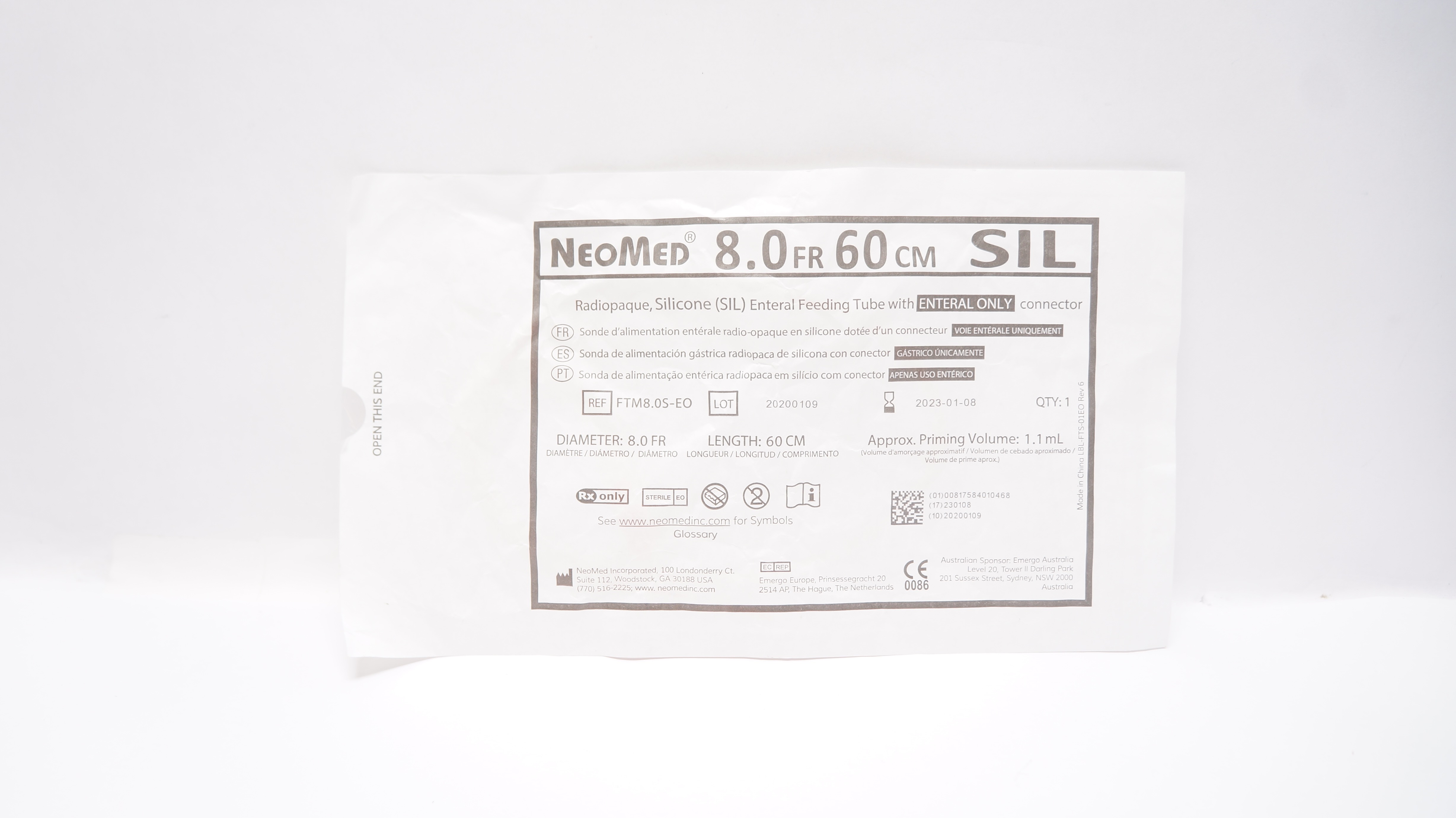 NeoMed FTM8.0S-EO Radiopaque Silicone Enteral Feeding Tube 8.0Fr x 60cm 1.1mL(x)