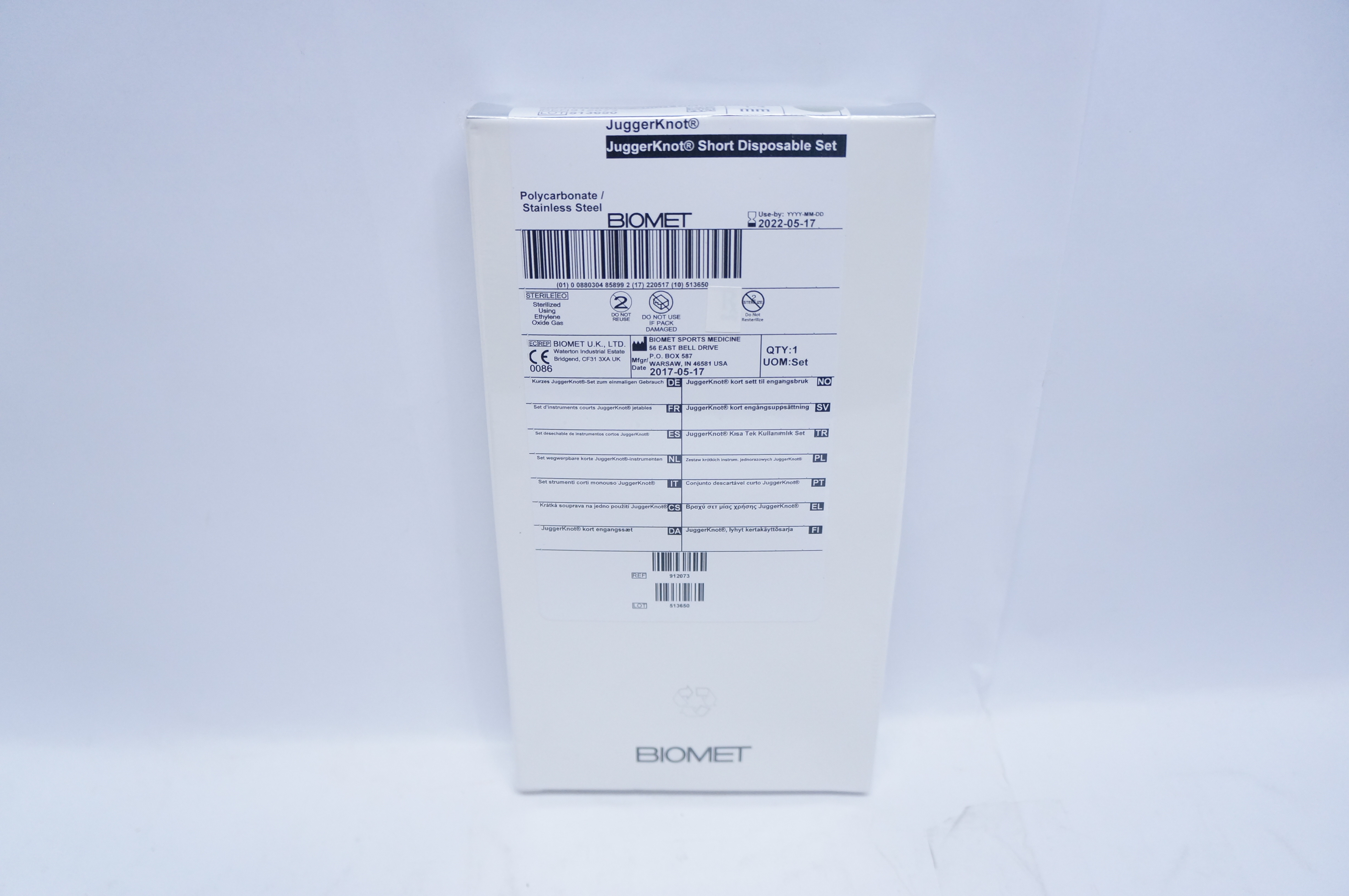 Biomet 912073 JuggerKnot Short Disp. Set Polycarbonate/Stainless Steel 1.4mm