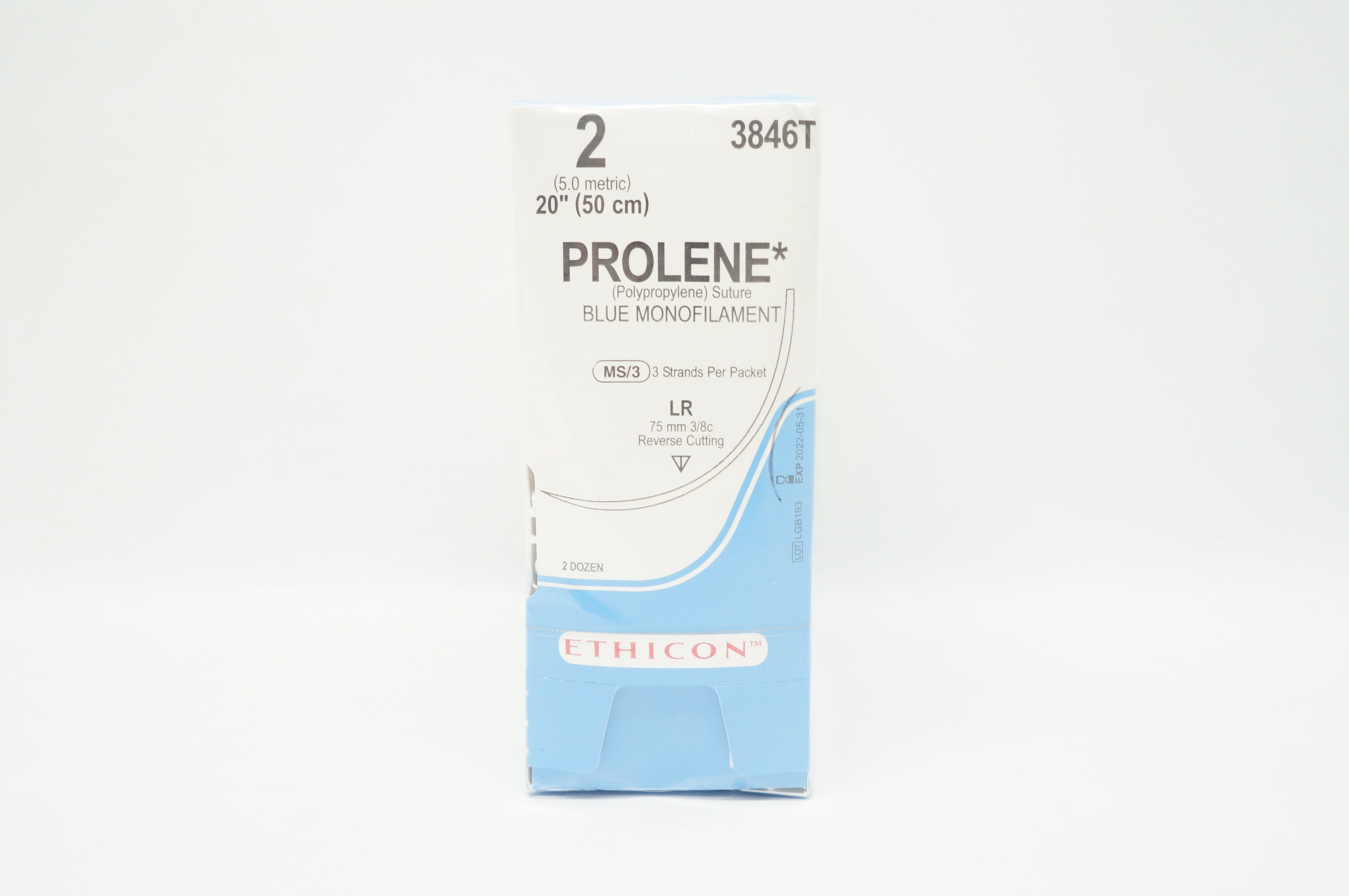 Ethicon 3846T 2 Prolene Stre LR 75mm 3/8c Reverse Cutting - Box of 24