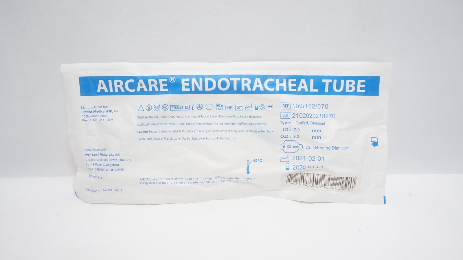 Smiths Medical 100/102/070 AIRCARE Endotracheal Tube 7.0 mm