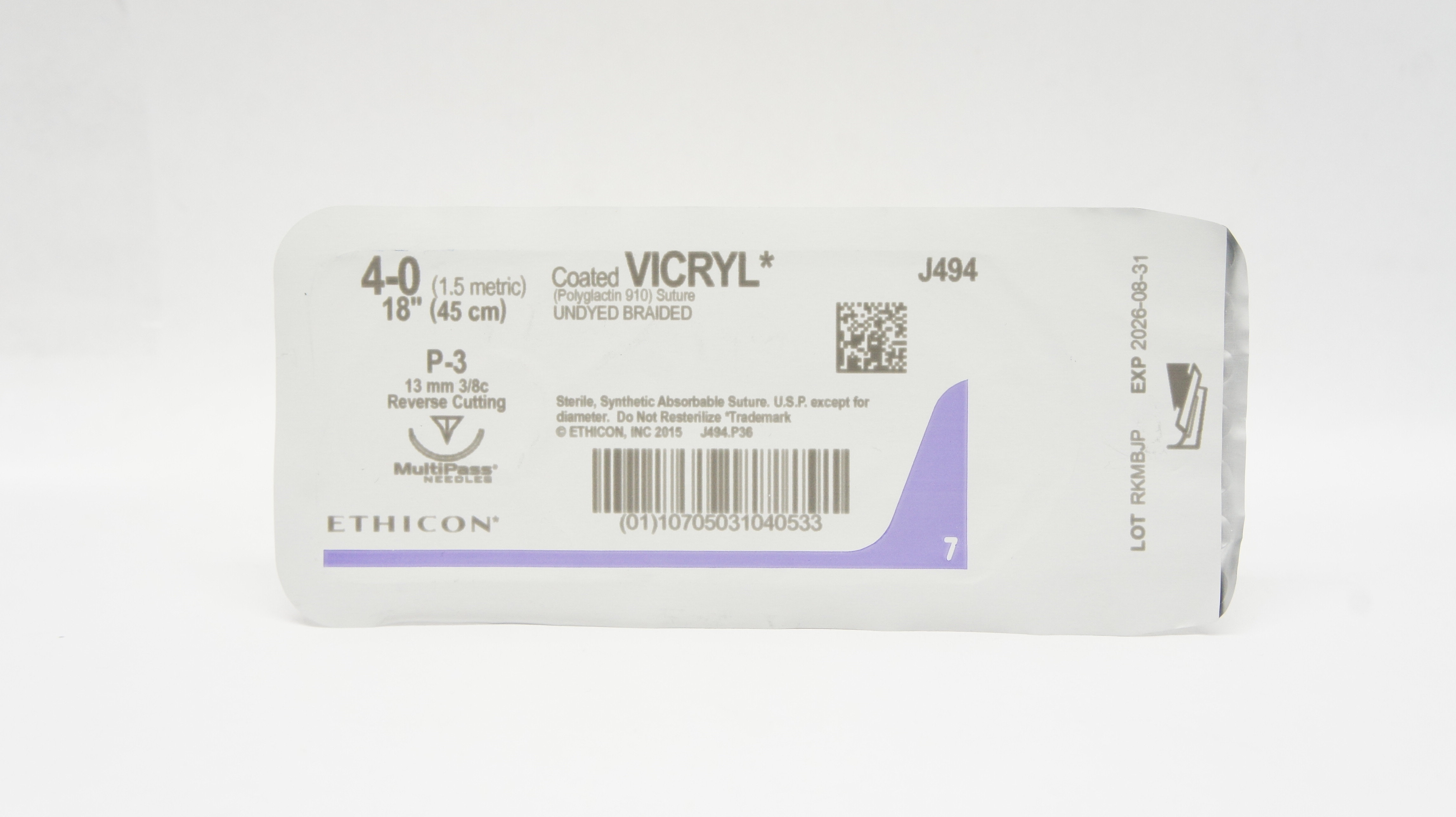 Ethicon J494 4-0 Coated Vicryl Stre P-3 13mm 3/8c Reverse Cutting 18inch