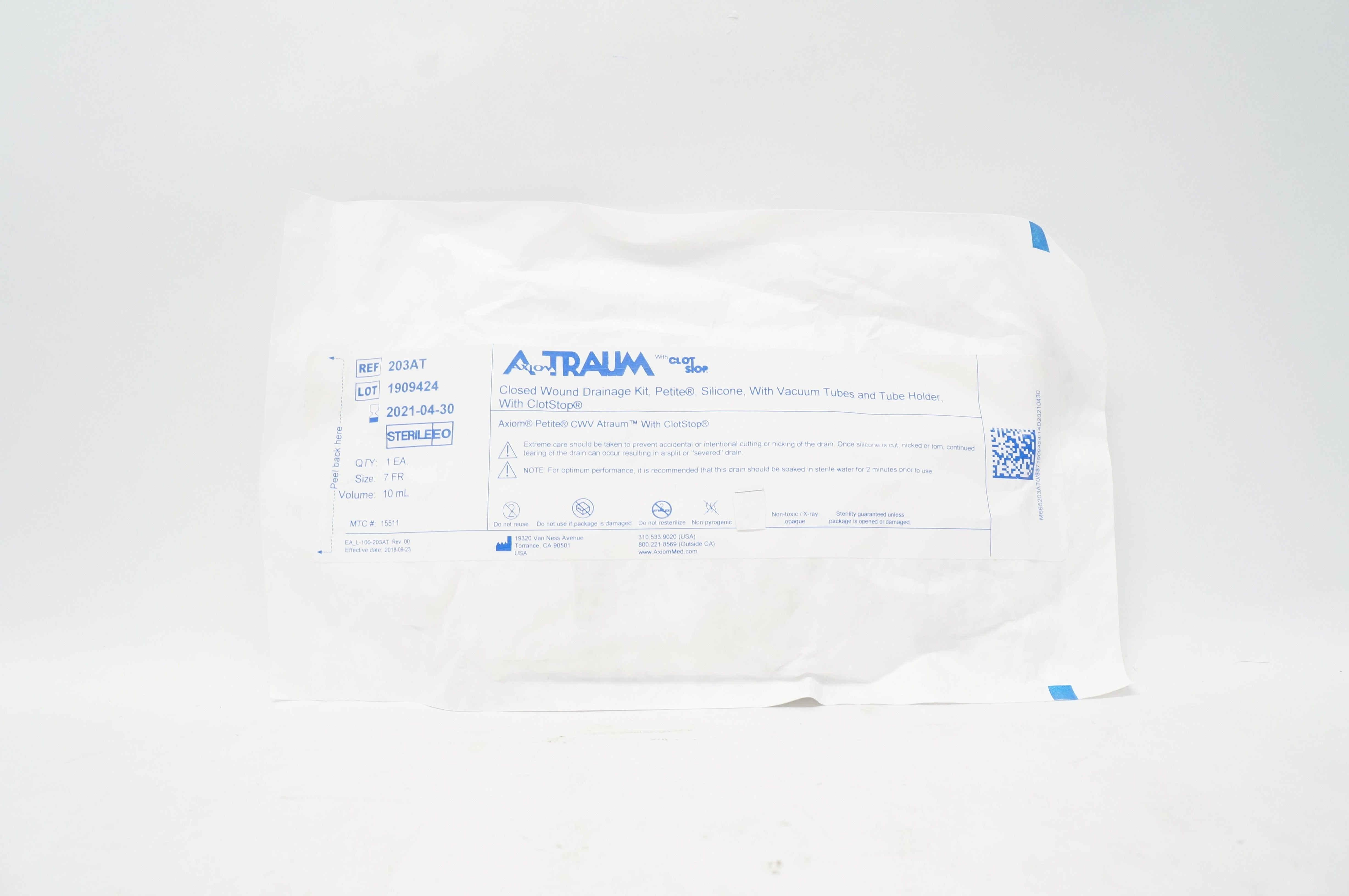 Axiom Medical 203AT Traum Closed Wound Drainage Kit 7Fr x 10mL (x)