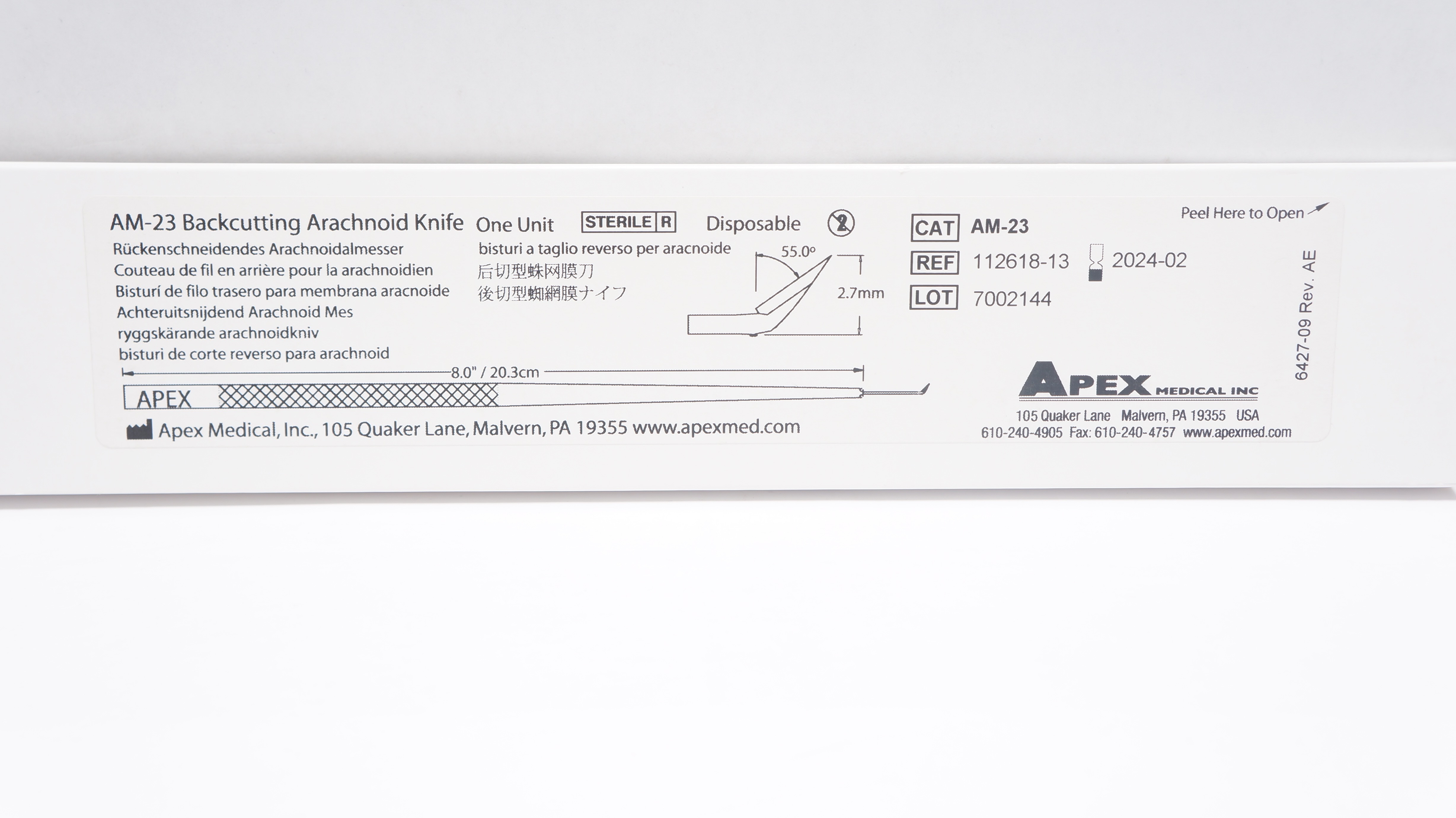 Apex Medical 112618-13 AM-23 Backcutting Arachnoid Knife 8.0inch /20.3cm (x)