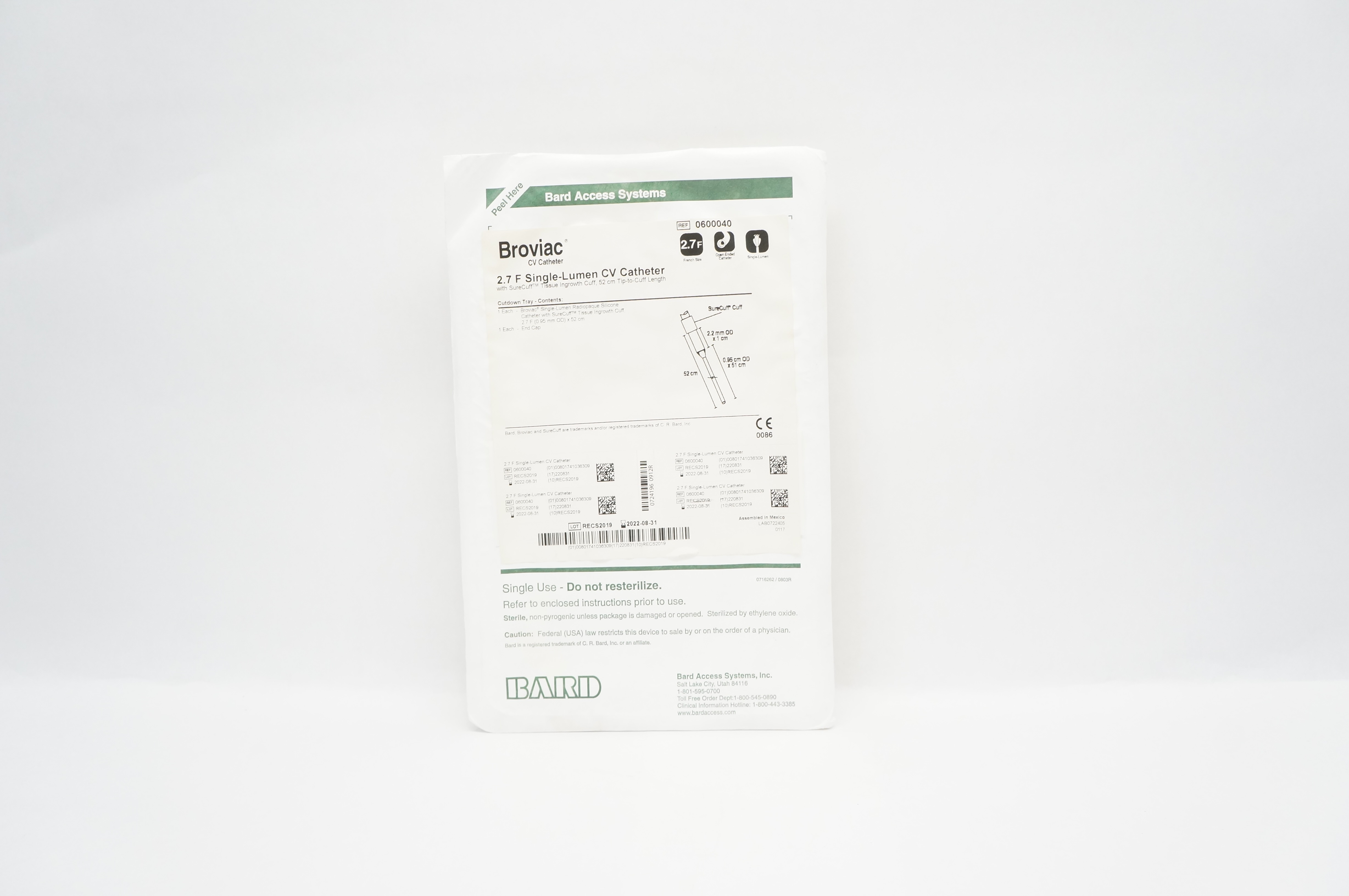 Bard 0600040 Broviac Single-Lumen CV Cath. 2.7F (x)