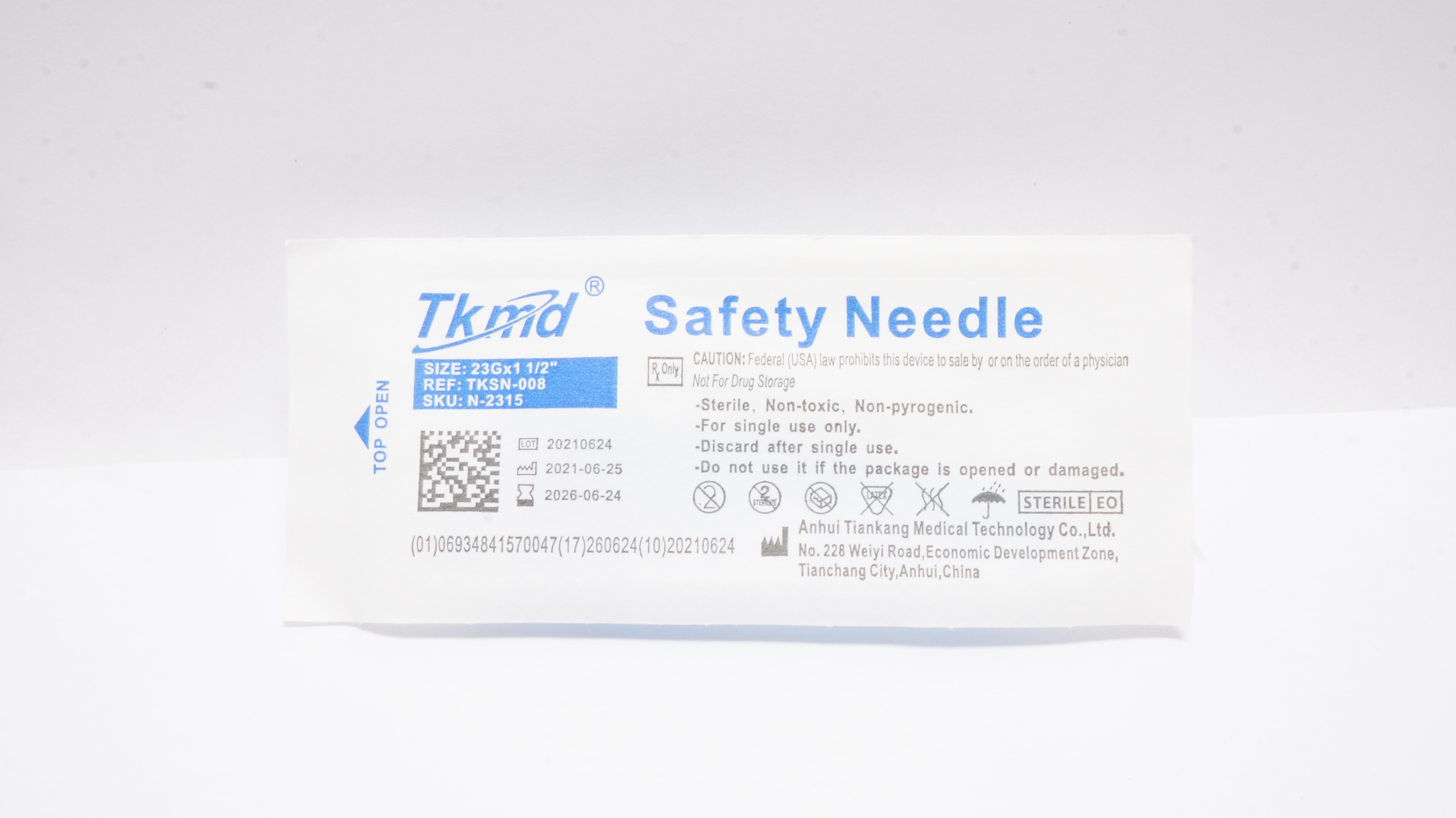 Anhui Tiankang Medical TKSN-008 N-2315 Tkmd Safety Ndle 23G x 1-1/2inch