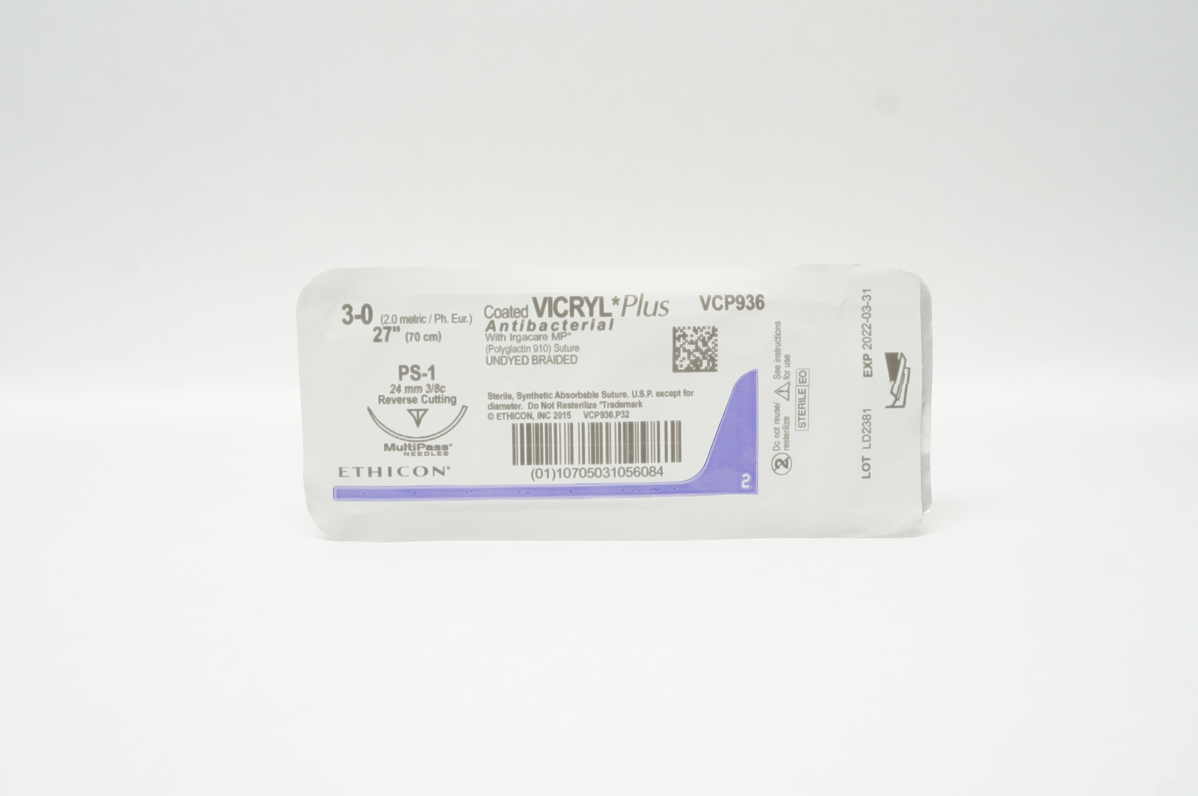 Ethicon VCP936 3-0 Vicryl Plus, PS-1, 24mm 3/8c Reverse Cutting, 27inch (x)