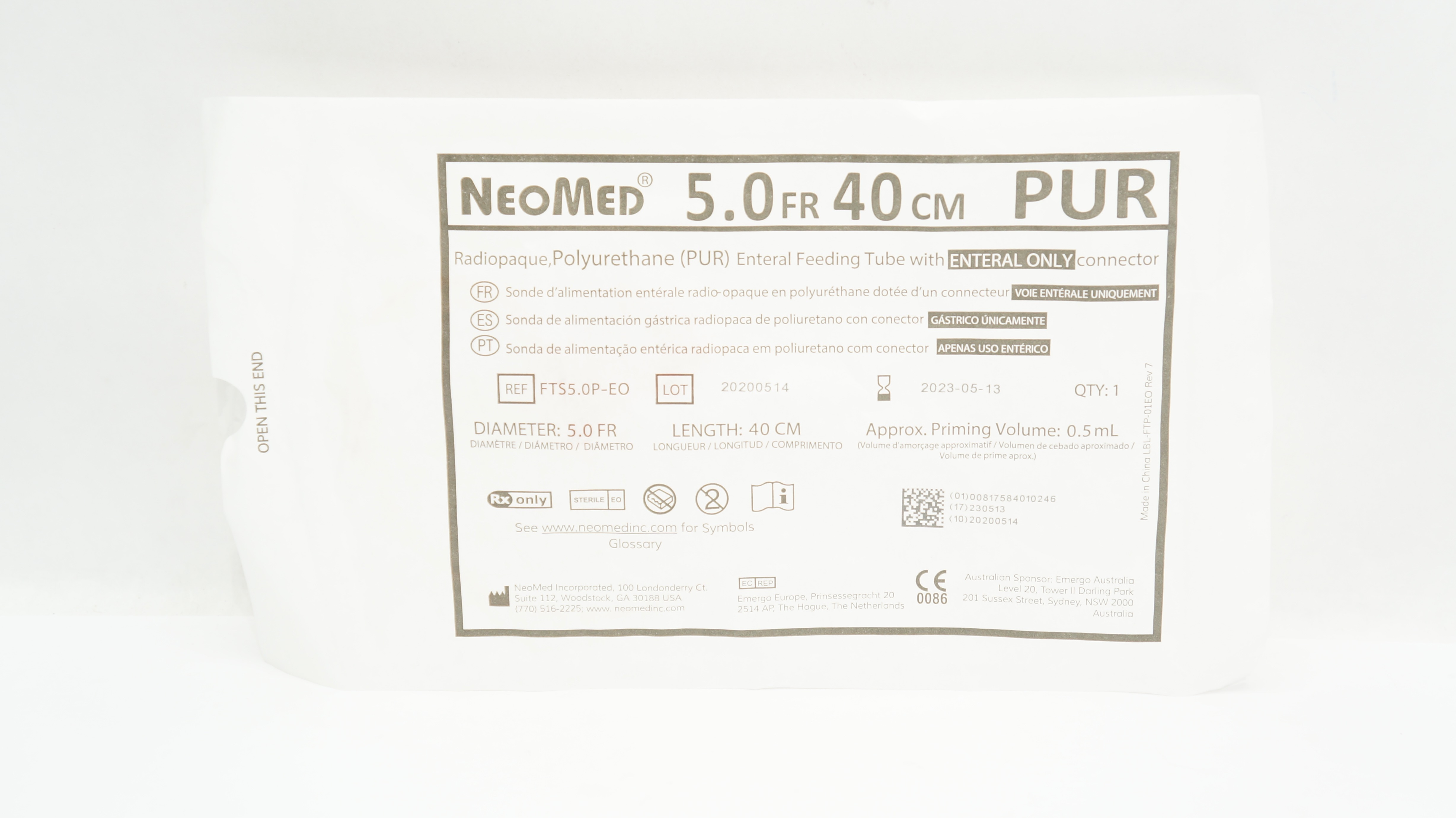 NeoMed FTS5.0P-EO Polyurethane Enteral Feeding Tube 5 FR x 40cm (x)