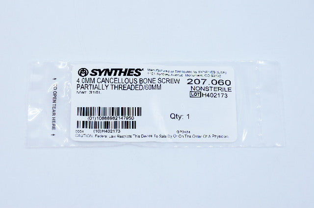 Synthes 207.060 4.0mm Cancellous Bone Screw Partially Threaded 60mm