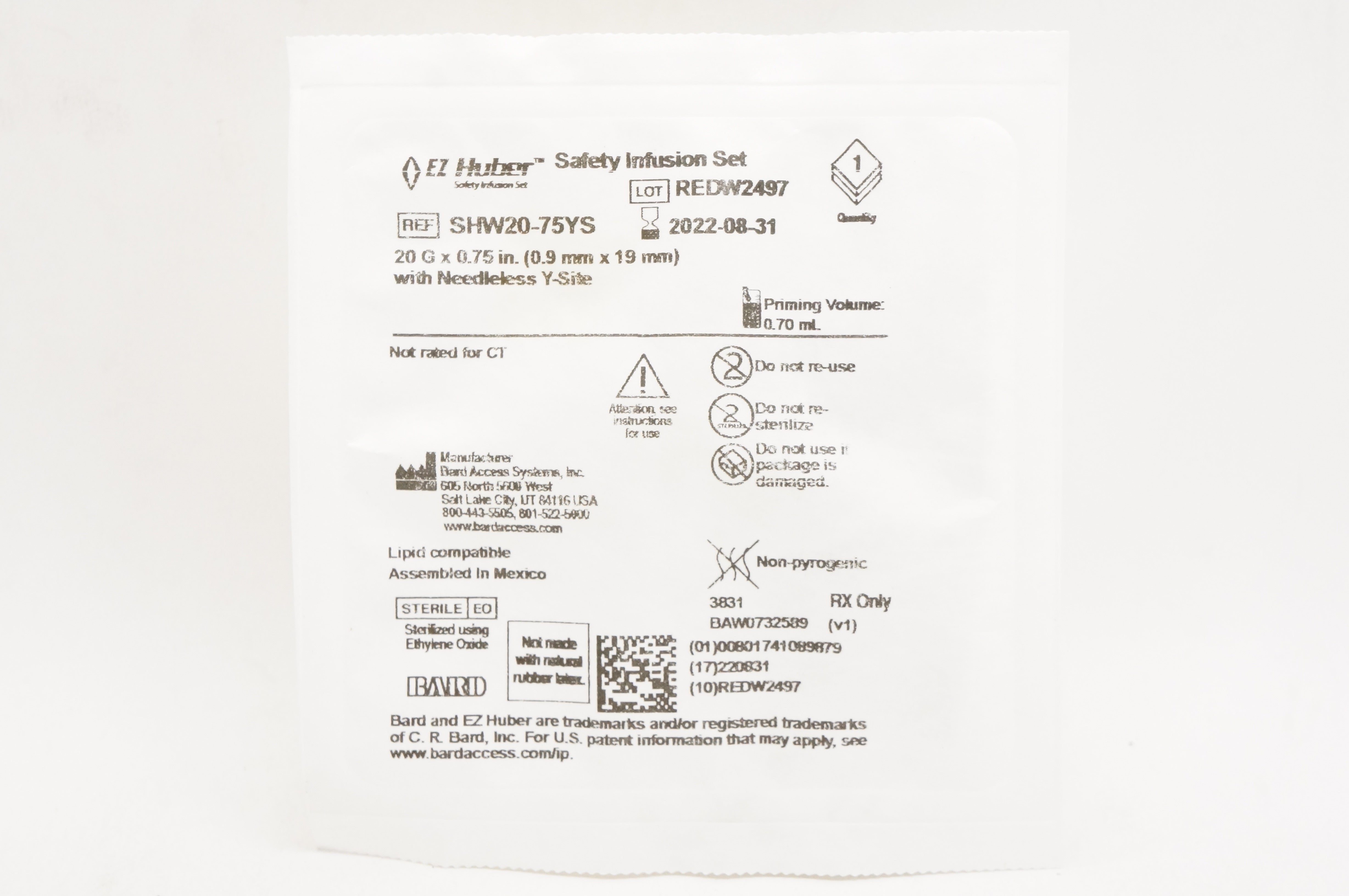 Bard SHW20-75YS Huber Safety Infusion Set 20G x 0.75inch (x)