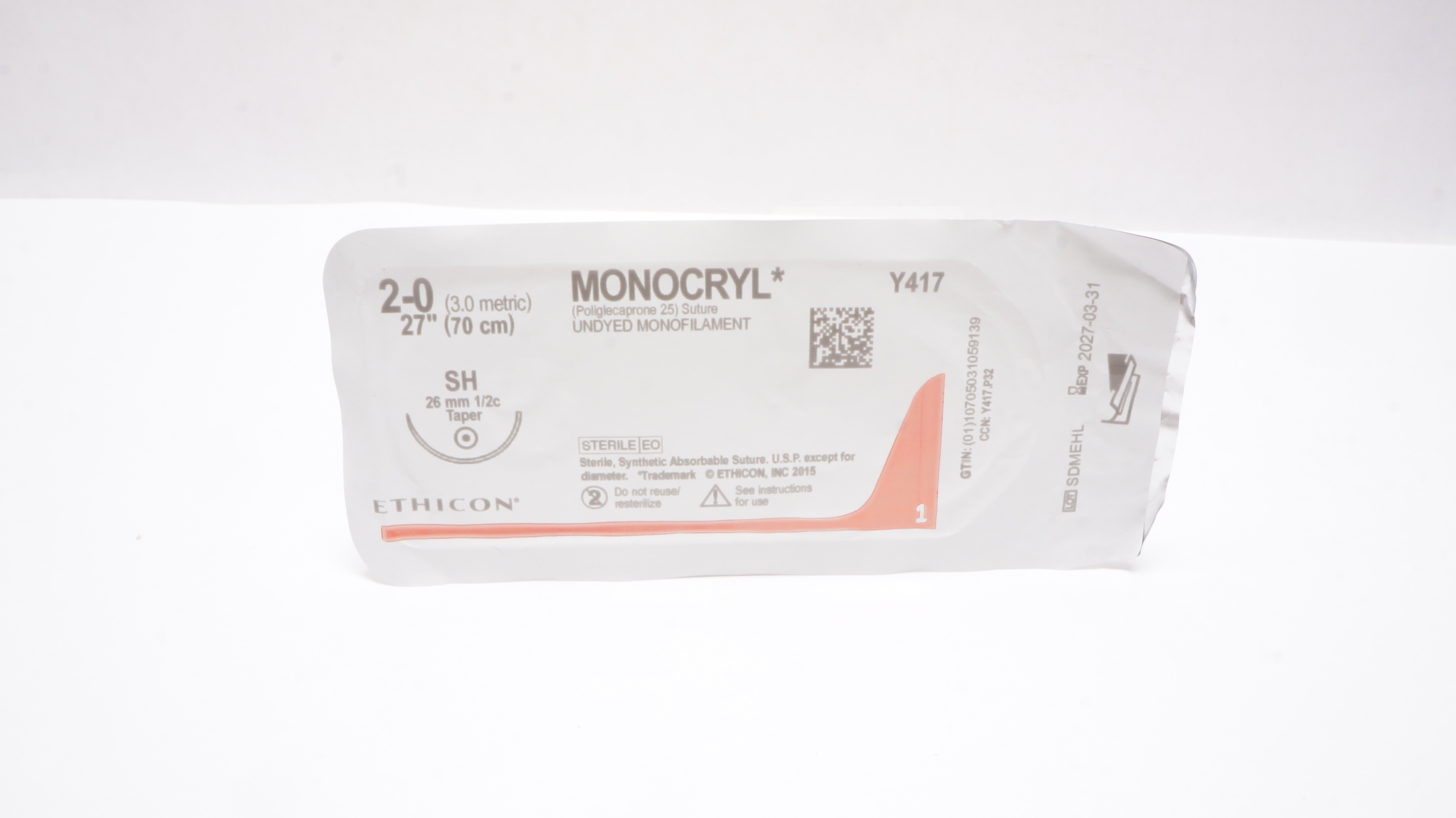 Ethicon Y417 2-0 MONOCRYL Undyed Monofilament, SH, 26mm1/2c Taper, 27inch