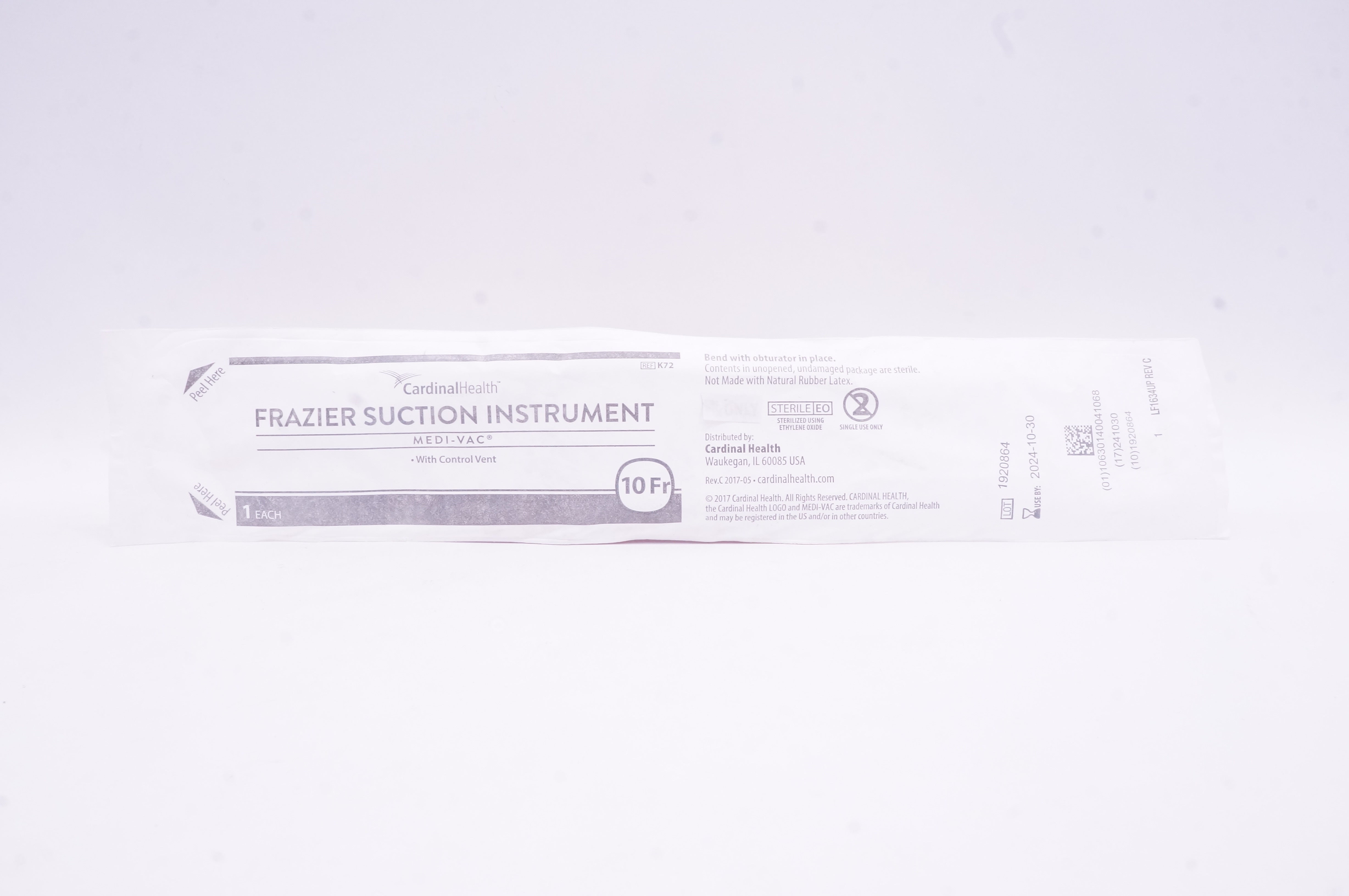 Cardinal Health K72 Medi-Vac Frazier Suction Instrument w/Control Vent 10Fr