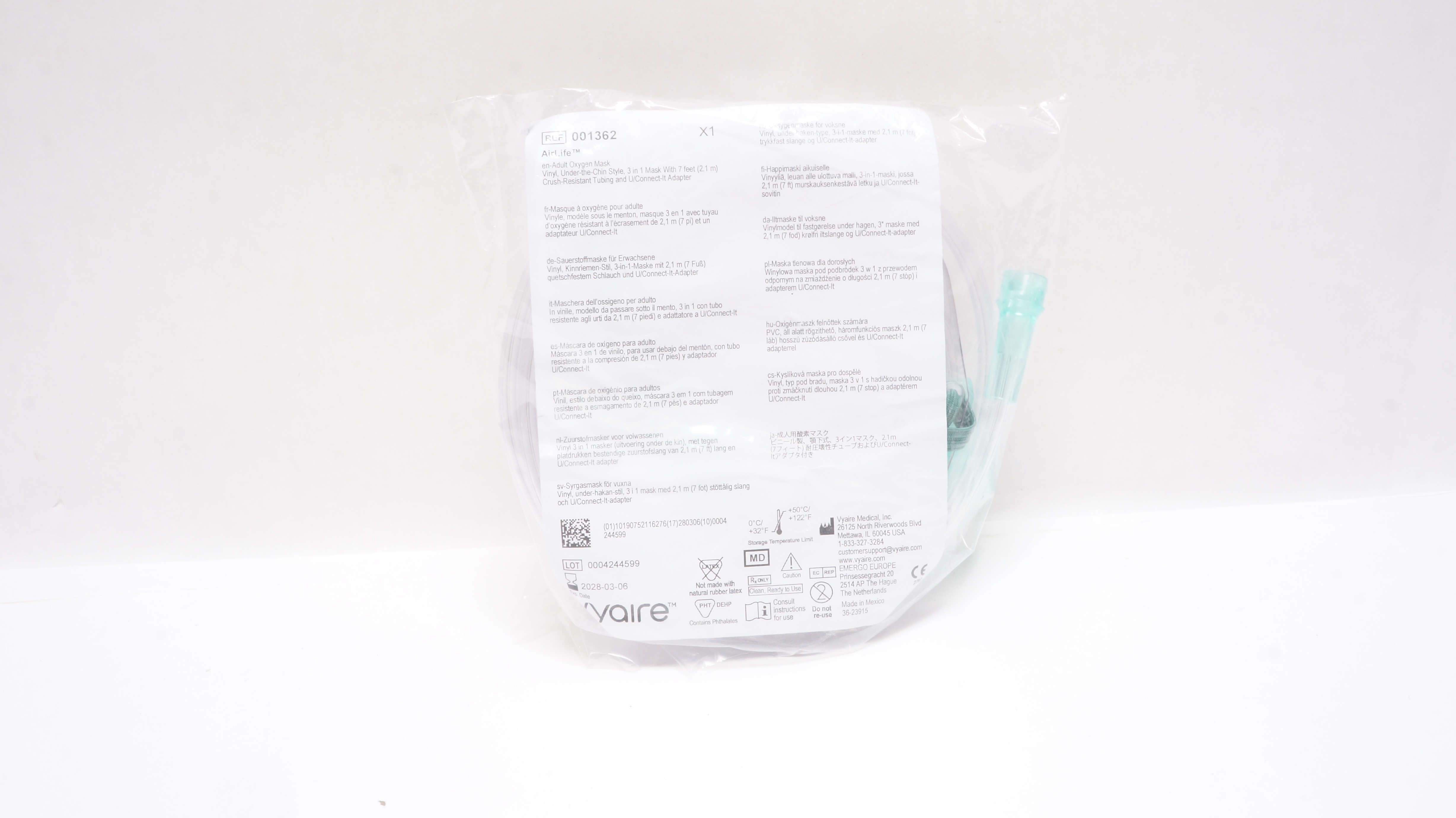 Vyaire 001362 AirLife Adult Oxygen Mask Vinyl w/7ft. Tubing & U/Connect Adapter