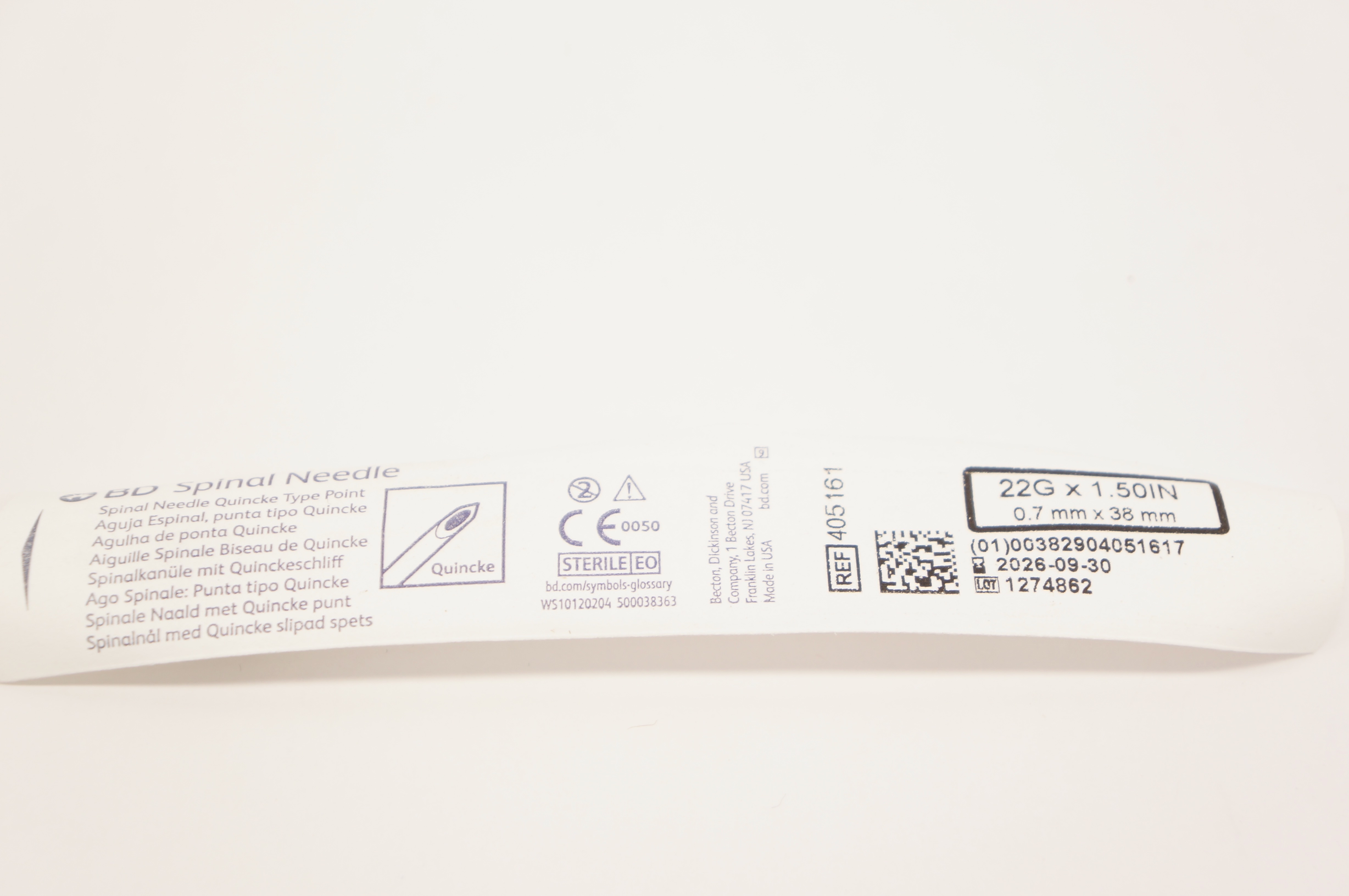 BD 405161 Spinal Ndle Quincke Type Point 22GA x 1-50inch