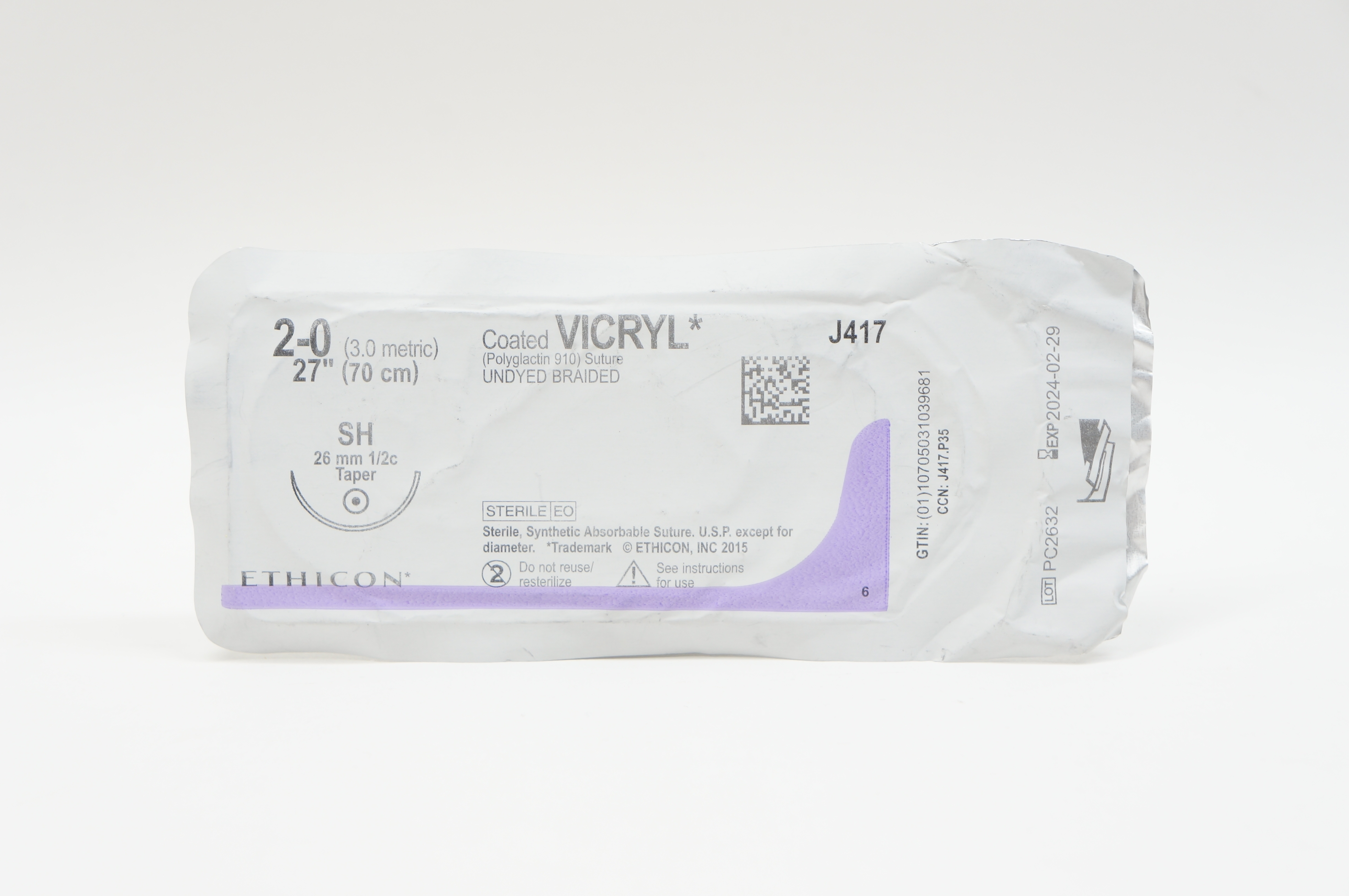 Ethicon J417 2-0 VICRYL, SH, 26mm 1/2c Taper, 27inch