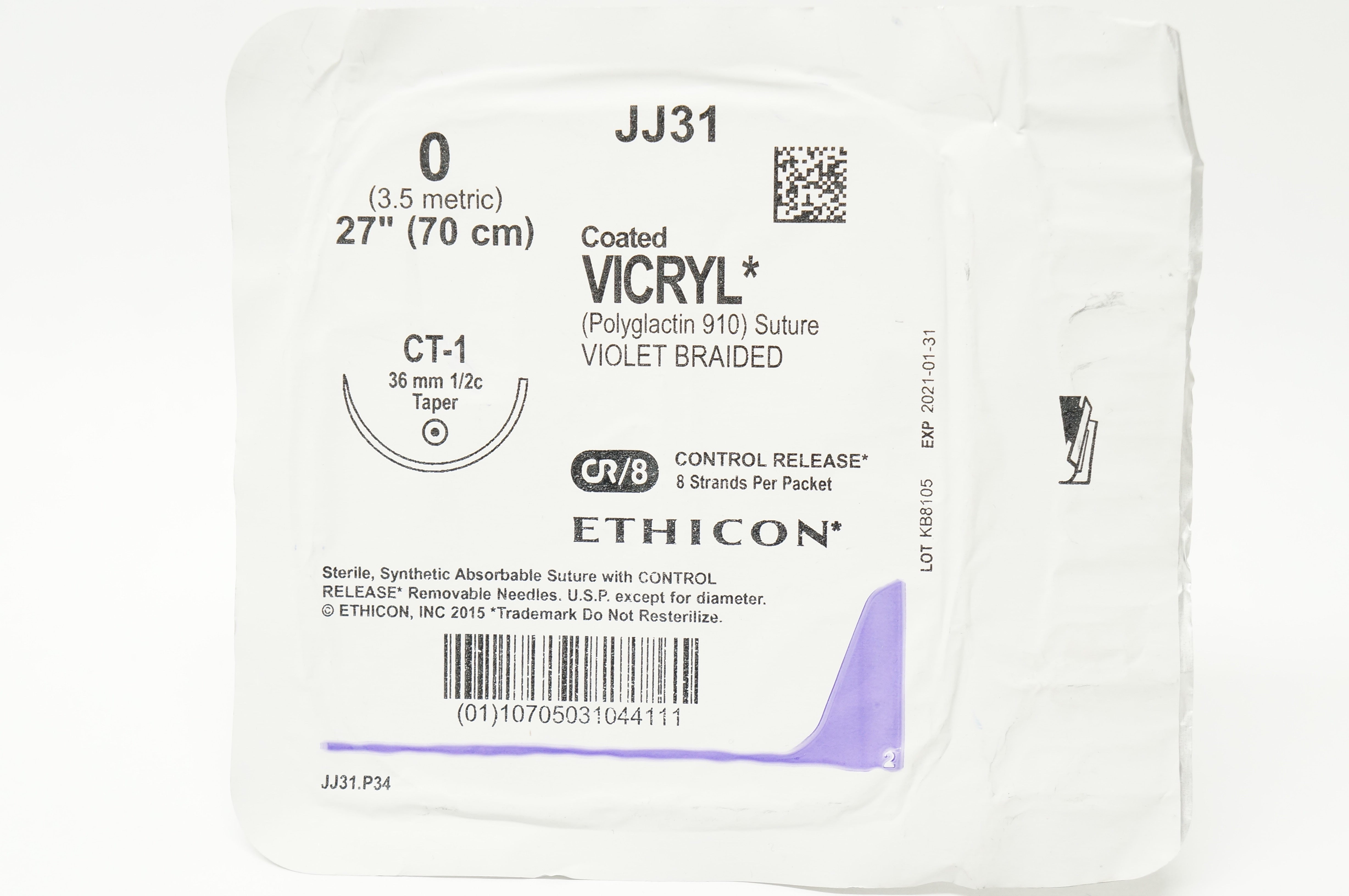 Ethicon JJ31 0 Coated Vicryl  Violet Braided CT-1 36mm 1/2c Taper, 27inch (x)
