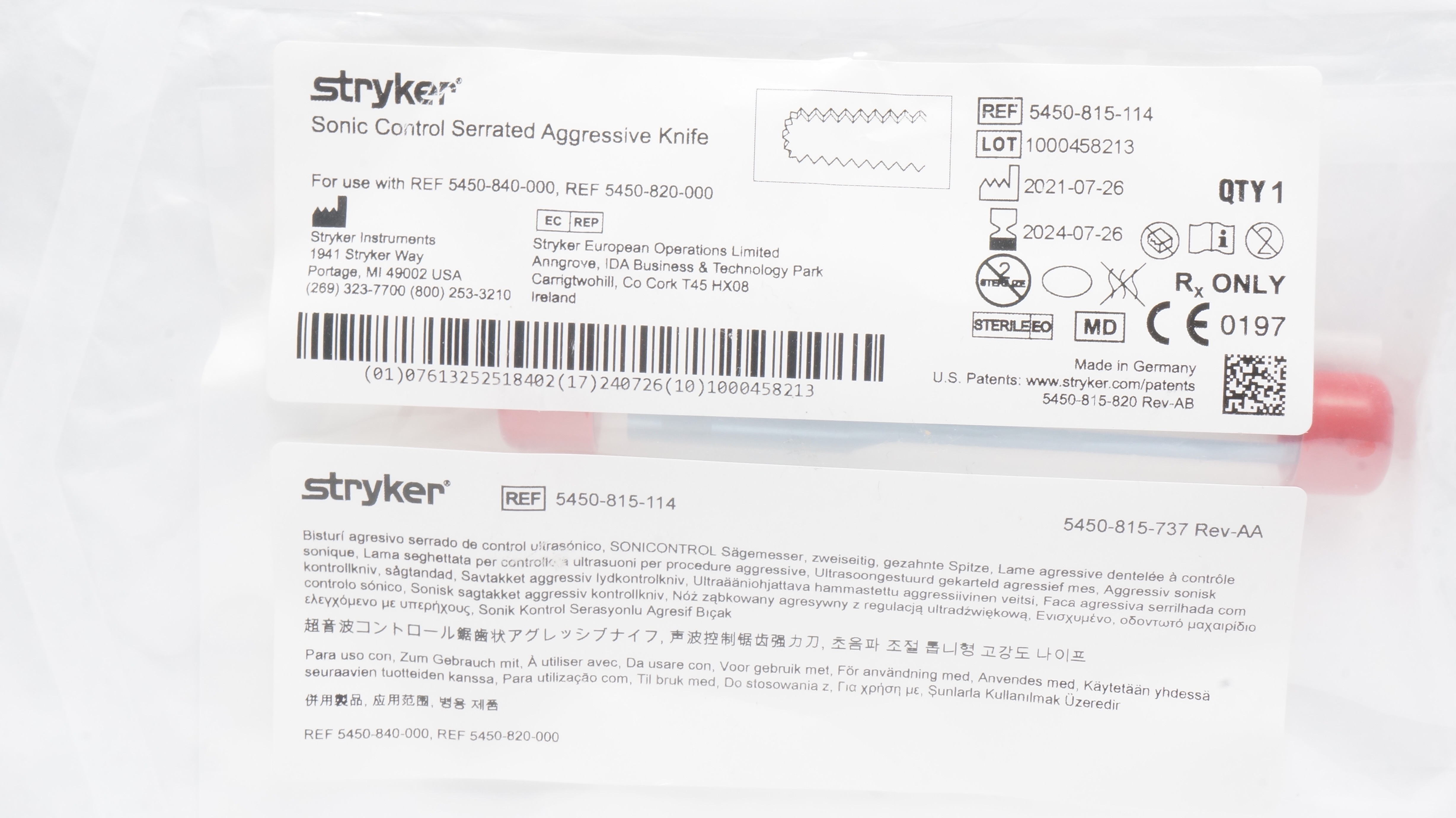 Stryker 5450-815-114 Sonic Control Serrated Aggressive Knife (x)
