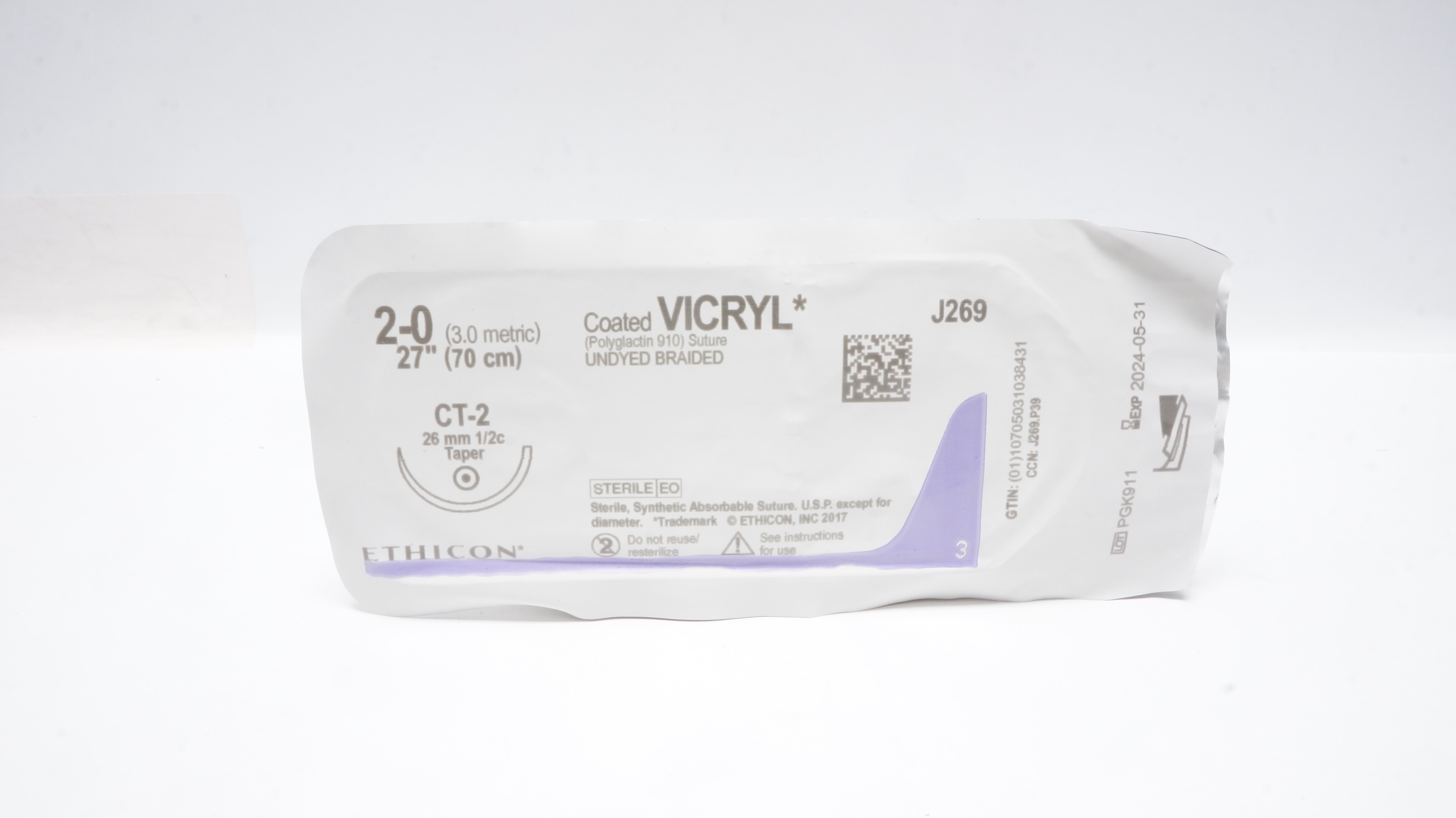 Ethicon J269 2-0 Coated VICRYL Polyglactin Stre CT-2 26mm 1/2c Taper, 27inch(x)