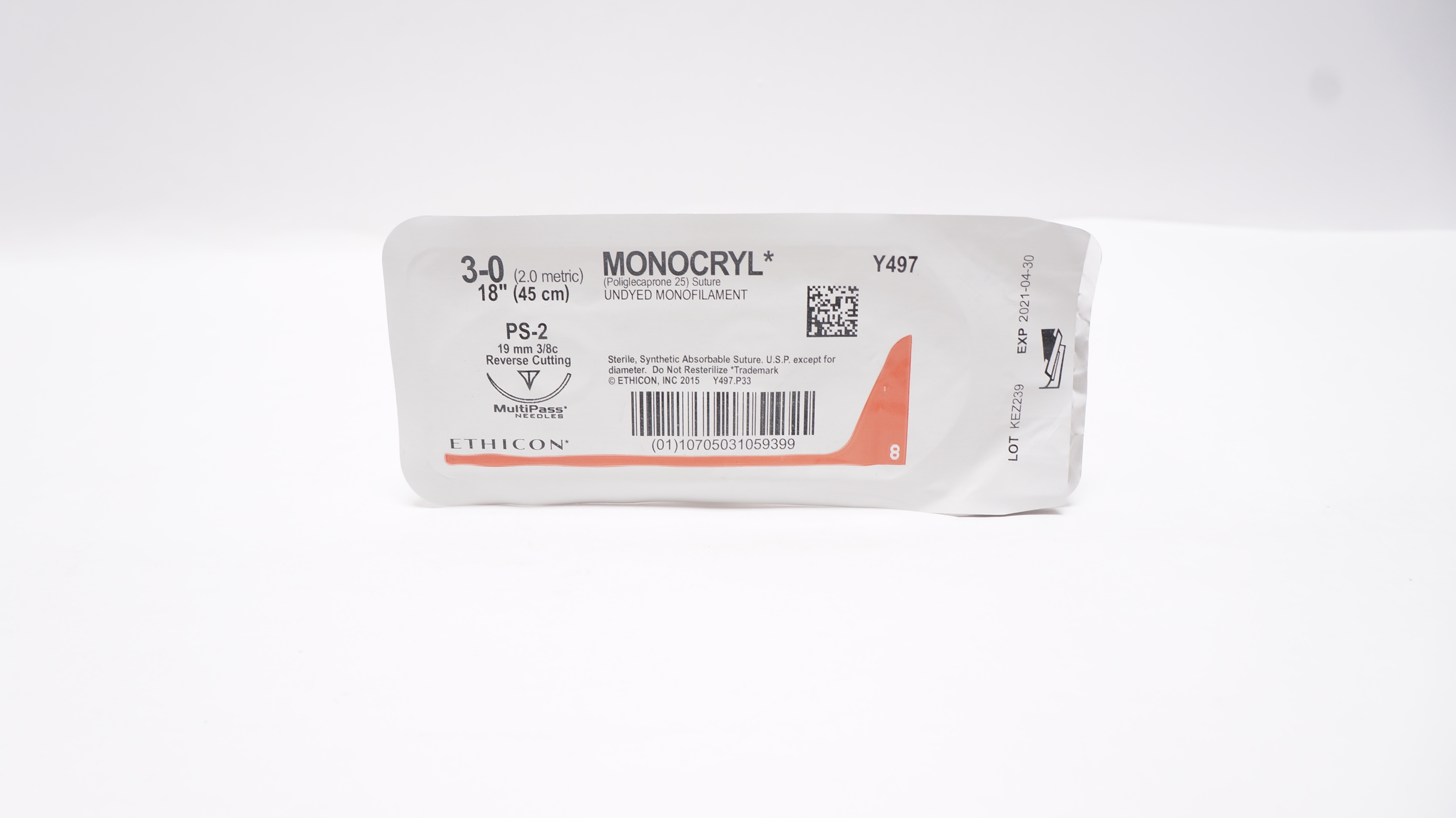 Ethicon Y497 3-0 MONOCRYL Undyed Stre PS-2 19mm 3/8c Reverse Cutting, 18inch (x)