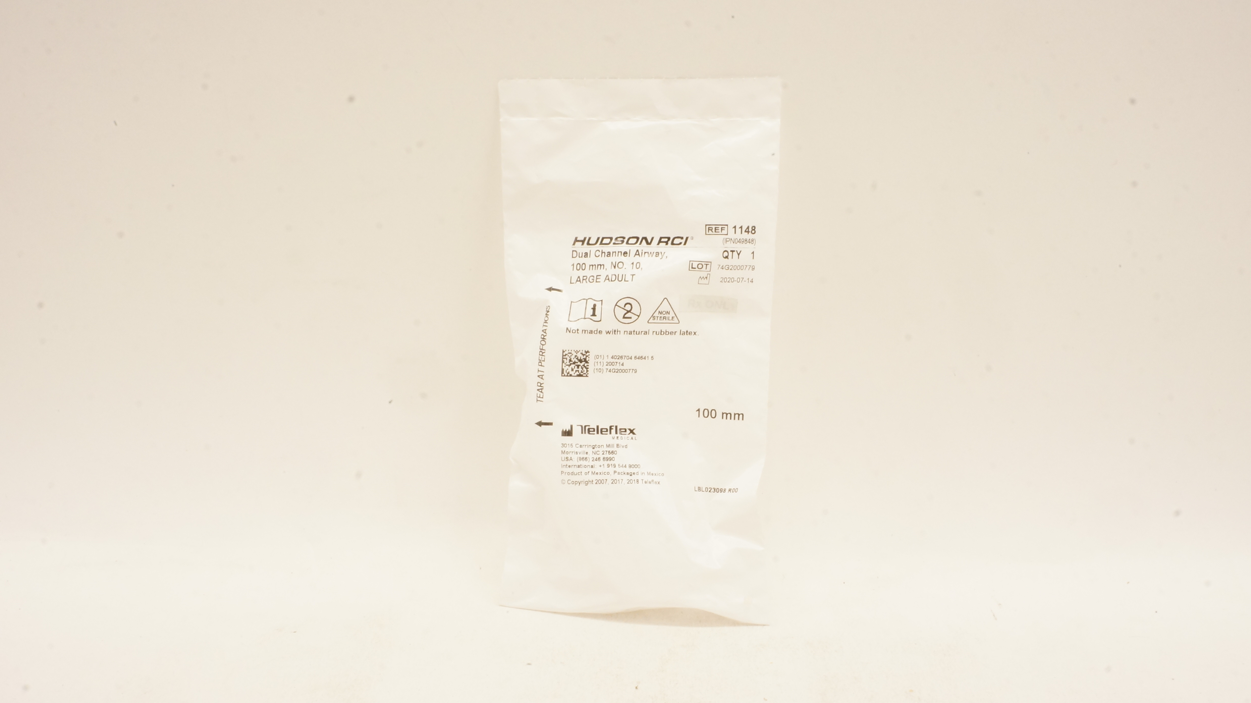 Teleflex 1148 Hudson RCI Dual Channel Airway 100 mm, NO.10, Large Adult
