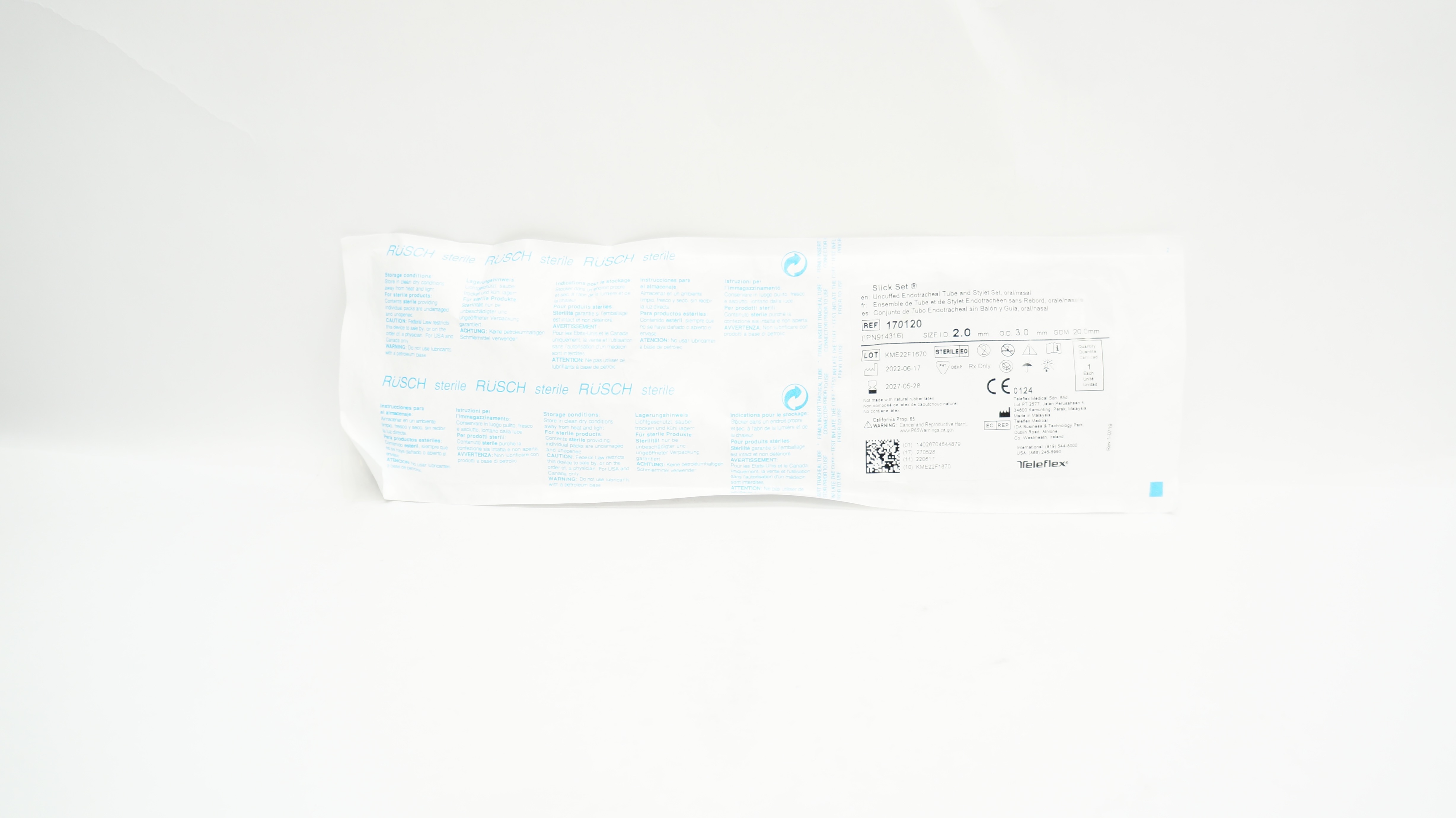 Teleflex 170120 Slick Set Uncuffed Endotracheal Tube and Stylet Set 2.0 x 3.0mm