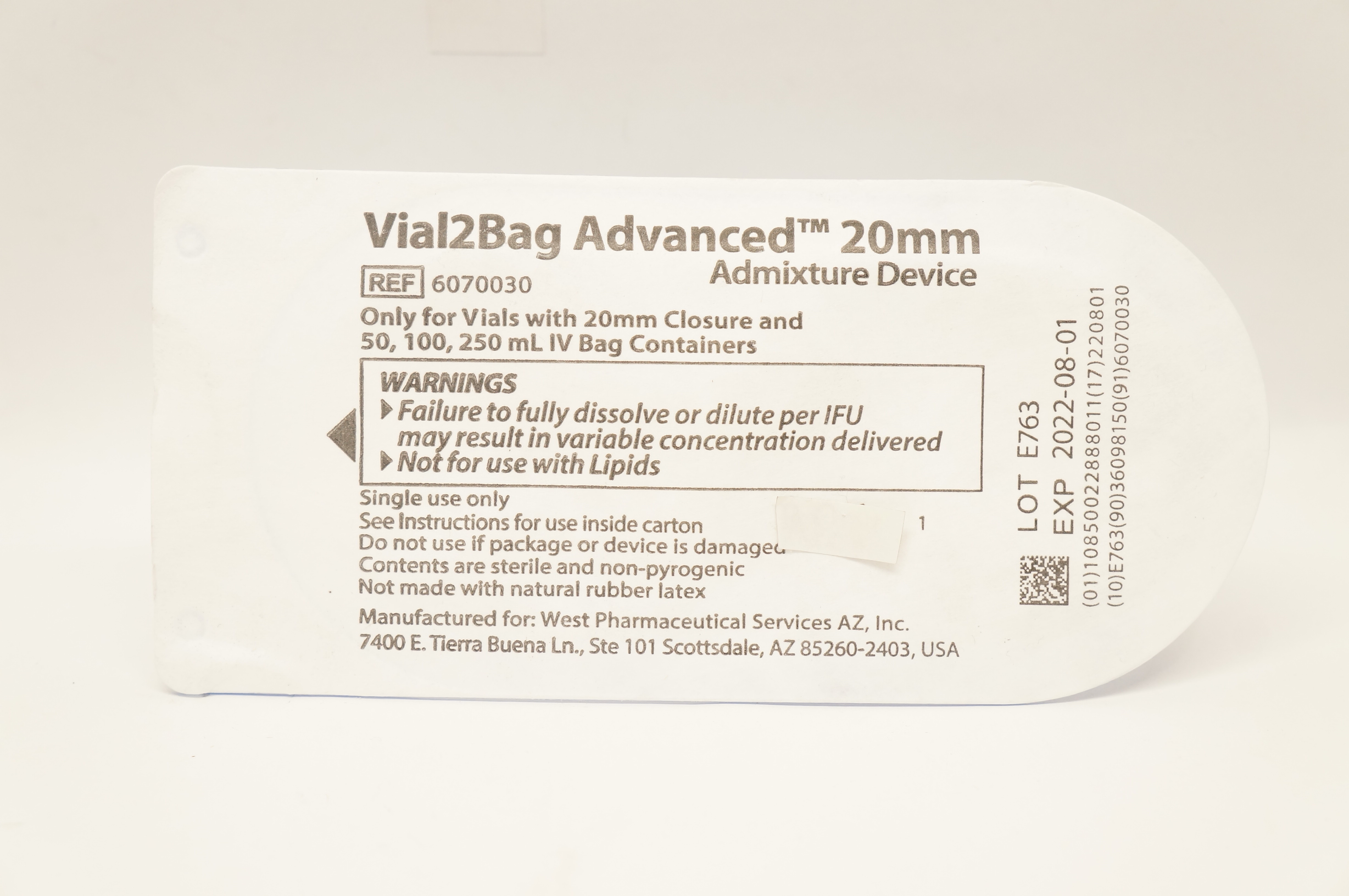 West Pharmaceutical 6070030 Vial2Bag Advanced Admixture Device 20mm