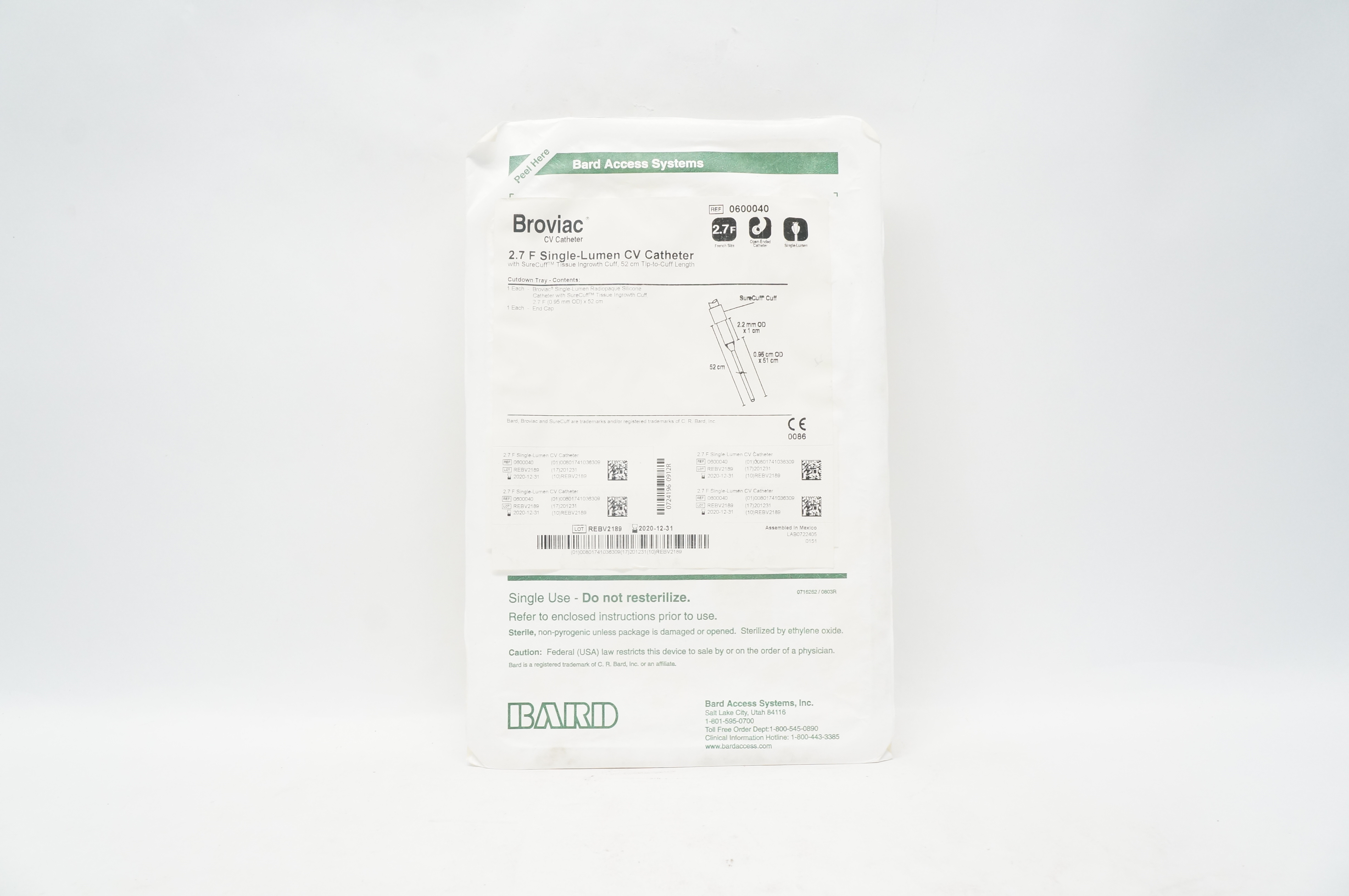 Bard 0600040 Broviac Single-Lumen CV Cath. 2.7F (x)