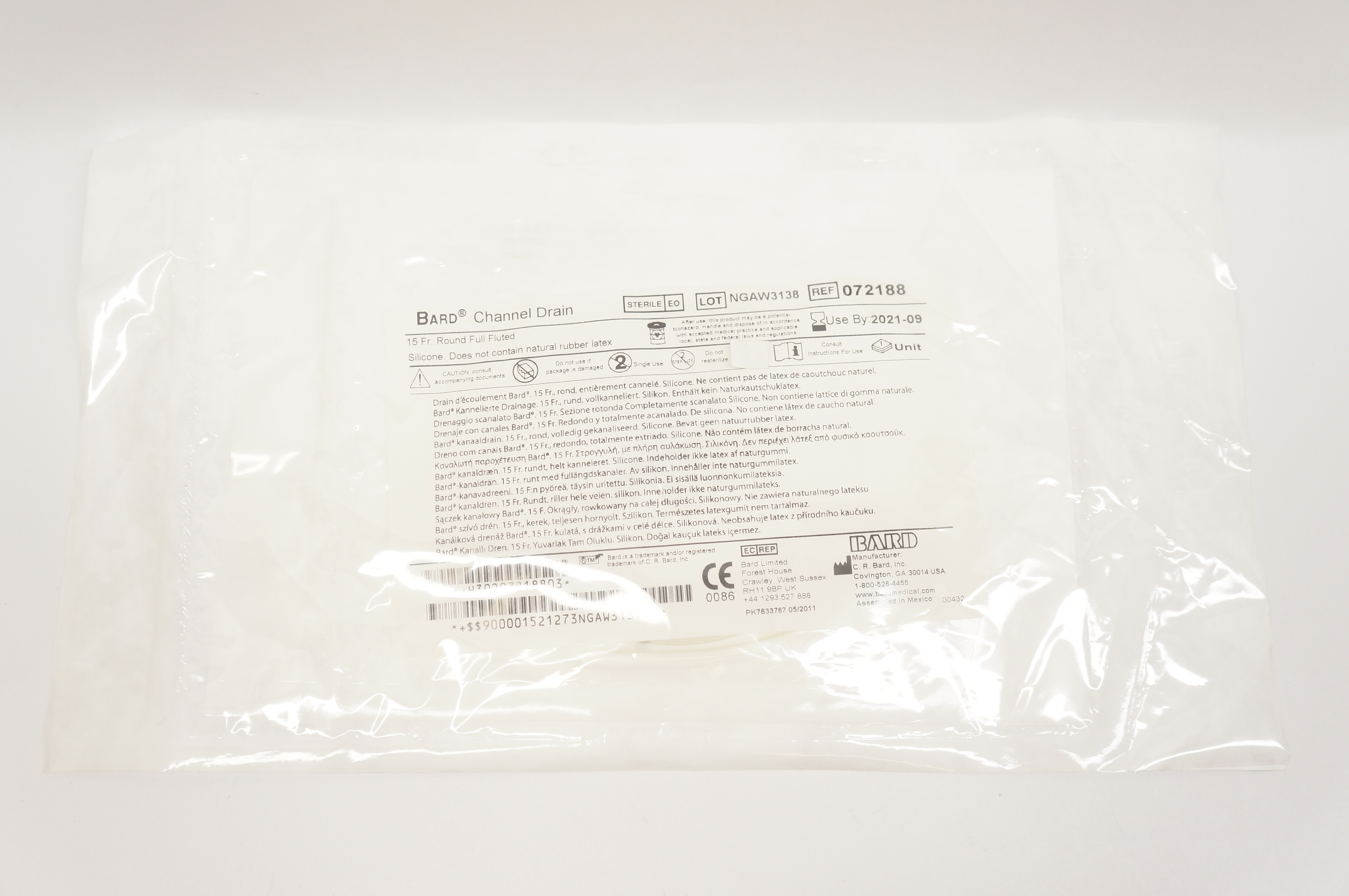 Bard 072188 Channel Drain Round Full Fluted Silicone, 15 Fr (x)