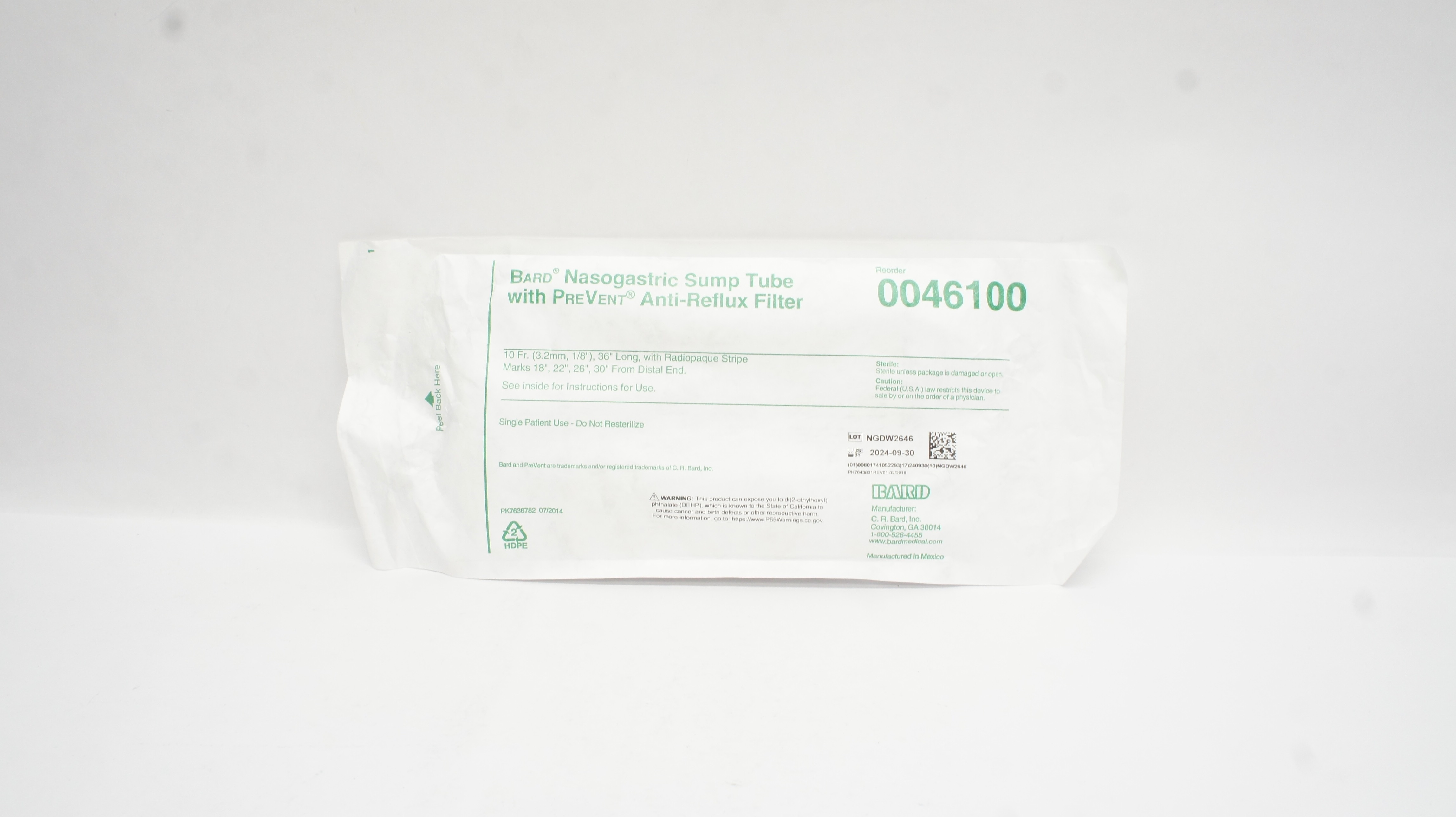 Bard 0046100 Nasogastric Sump Tube with PreVent Anti-Reflux Filter 10Fr x 36inch