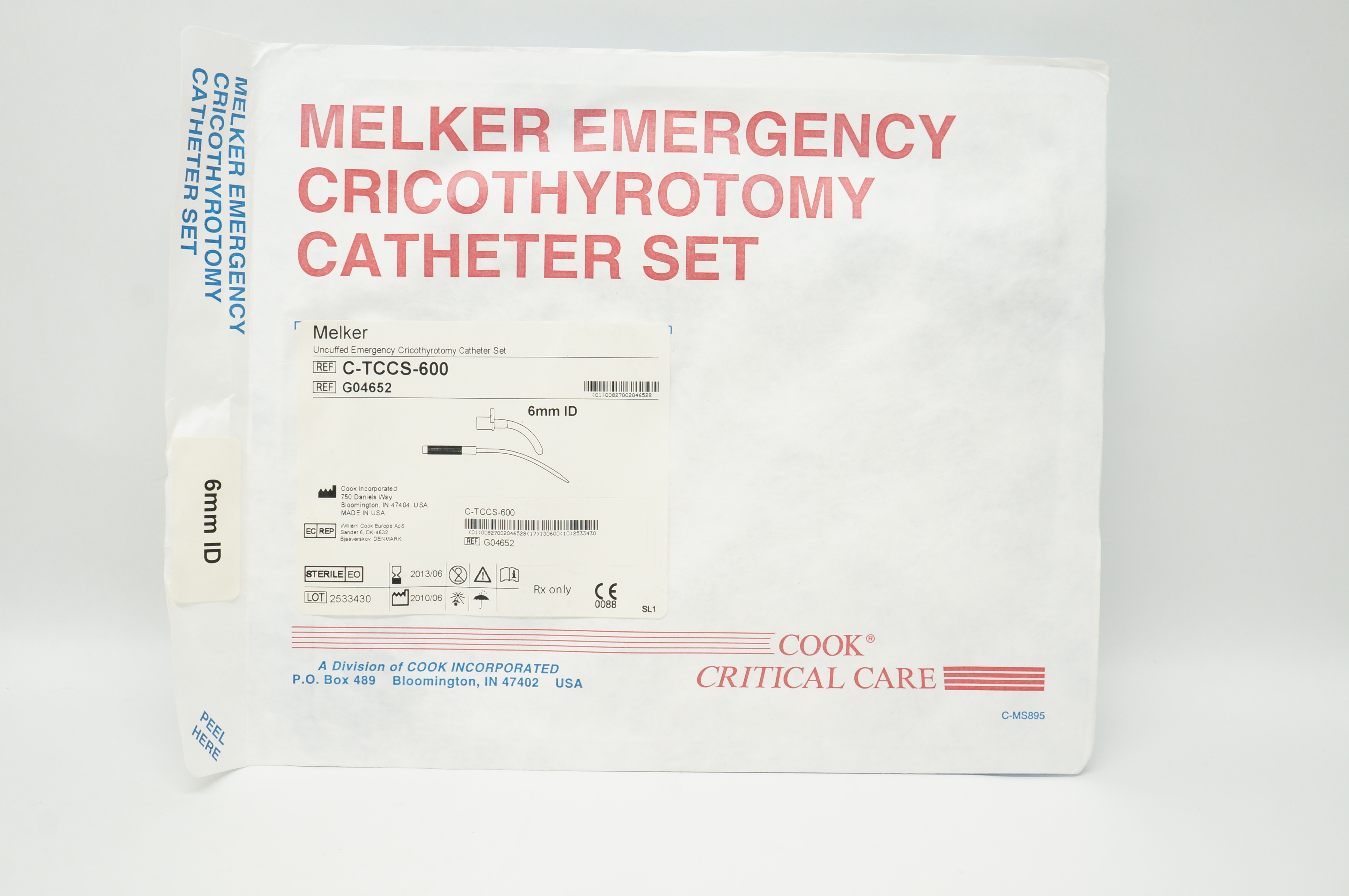 Cook Medical G04652 Melker Uncuffed Emergency Cricothyrotomy Cath. Set 6mm (x)